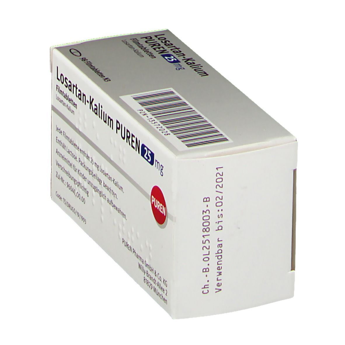 Schachtel Losartan-Kalium PUREN 25 mg. Aufschrift: 98 Filmtabletten N3. PUREN-Logo. Verfallsdatum: 02/2021. Barcode.