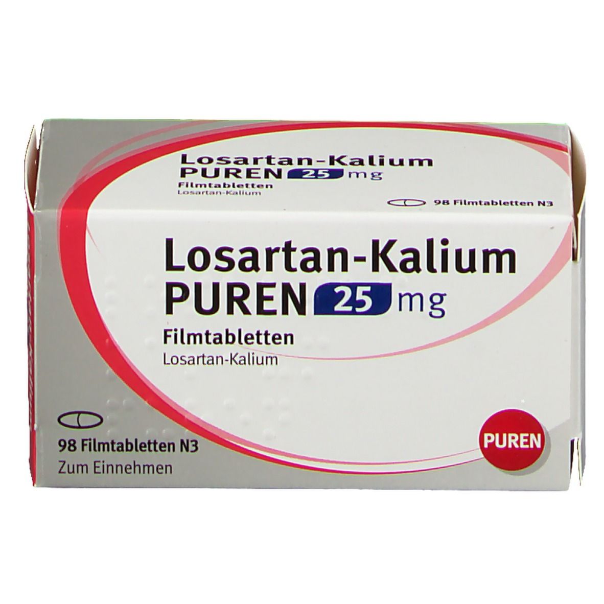 Schachtel mit Losartan-Kalium PUREN 25 mg Filmtabletten. Aufschrift: 98 Filmtabletten N3. Rotes PUREN-Logo.
