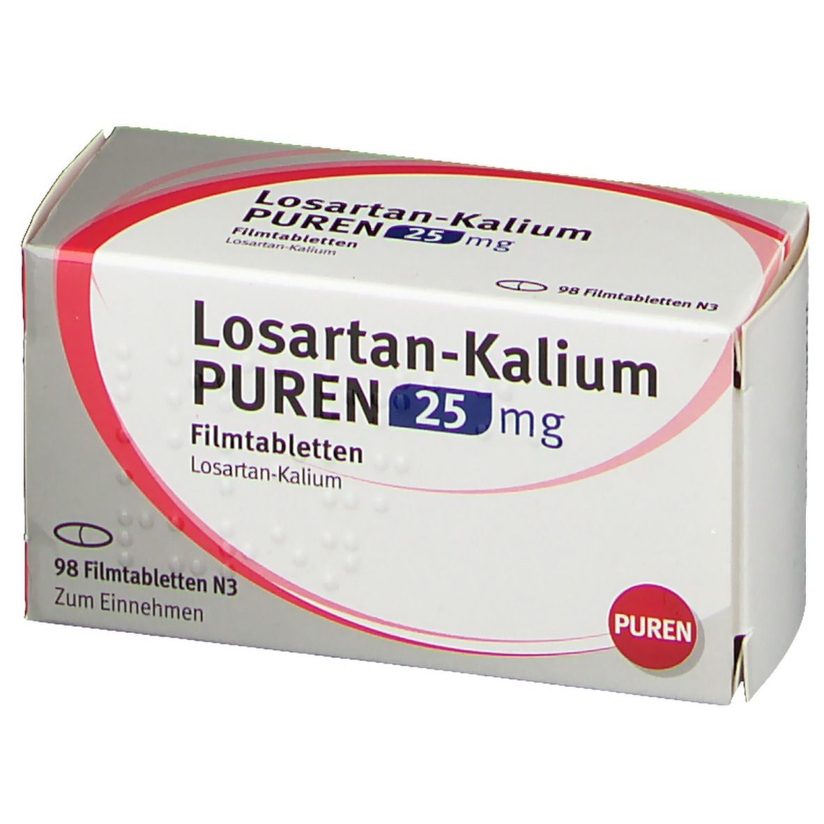 Schachtel mit Losartan-Kalium PUREN 25 mg Filmtabletten. Aufschrift: 98 Filmtabletten N3. Rotes PUREN-Logo.