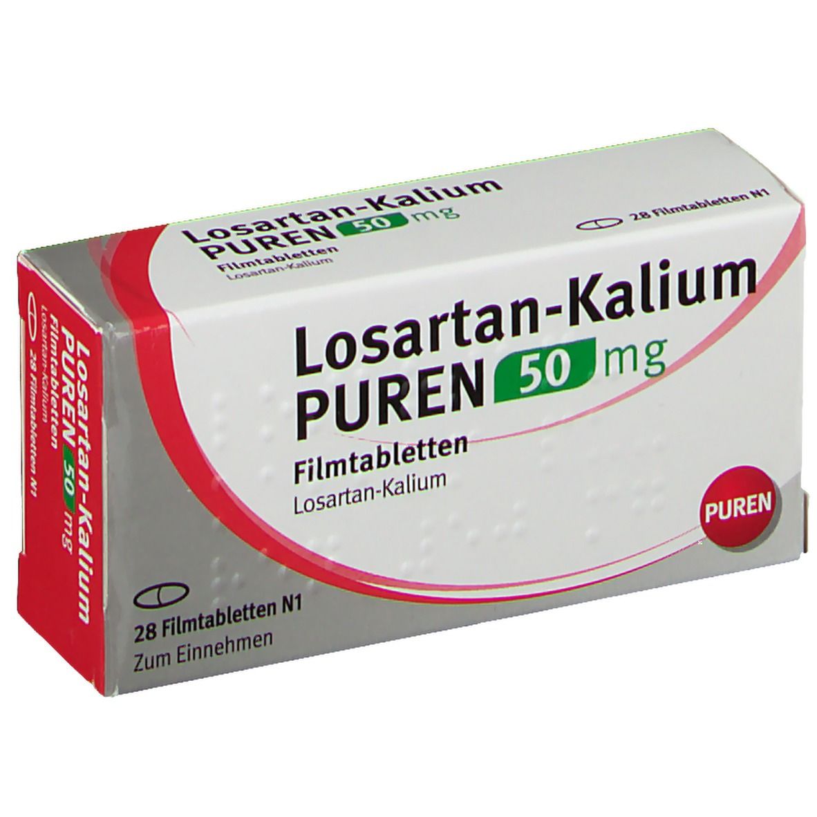 Schachtel mit Losartan-Kalium PUREN 50 mg Filmtabletten. Weiße Schachtel mit rotem und grauem Design. Text: 28 Filmtabletten.