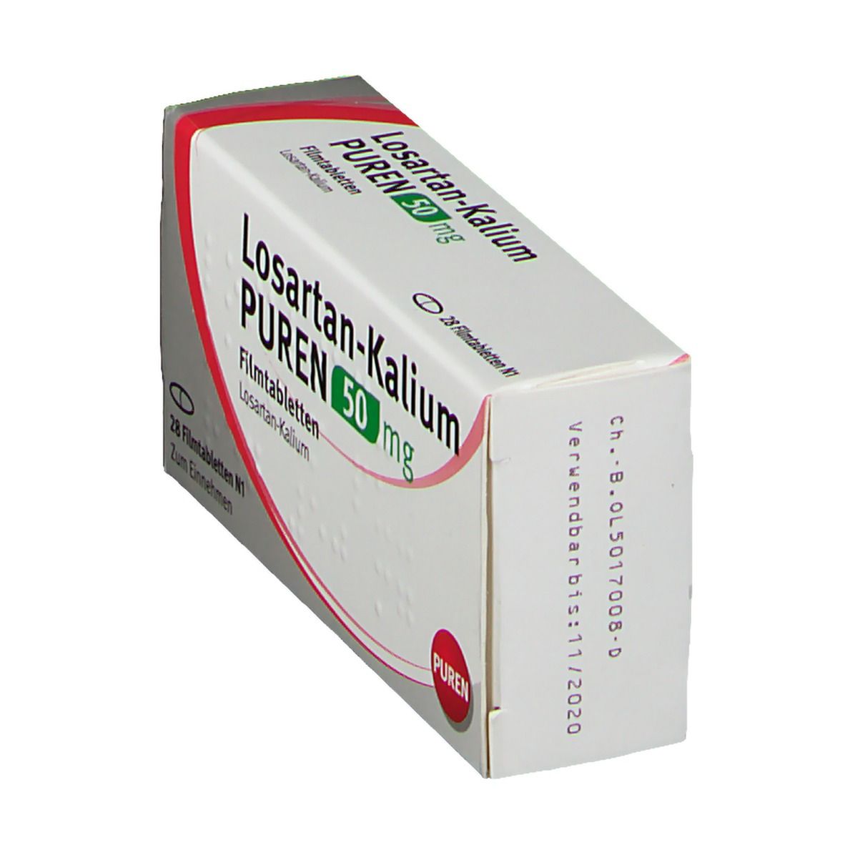 Schachtel Losartan-Kalium PUREN 50 mg Filmtabletten. Weiße Schachtel mit rotem und grauem Design. PUREN-Logo.