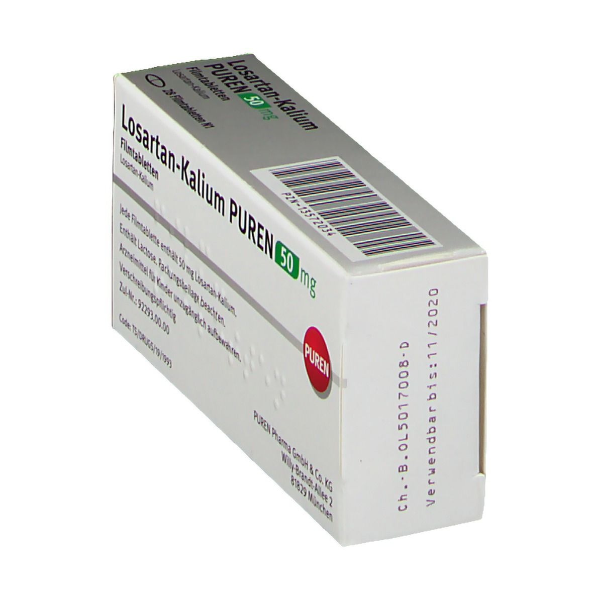 Schachtel Losartan-Kalium PUREN 50 mg Filmtabletten. Weiße Schachtel mit Text und PUREN-Logo. Verfallsdatum.