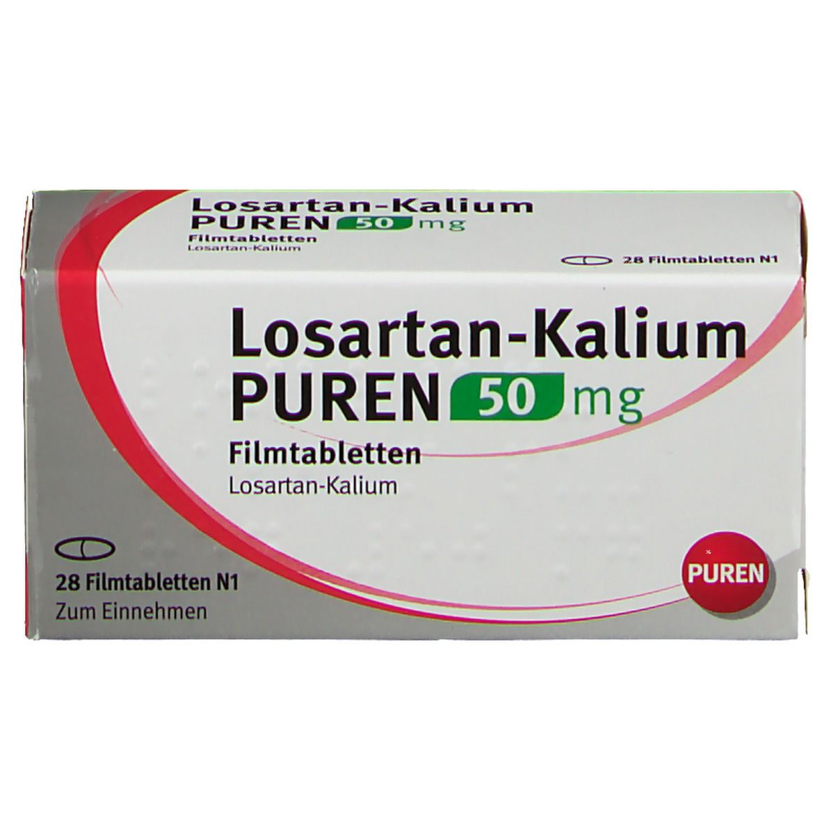 Schachtel Losartan-Kalium PUREN 50 mg Filmtabletten. Weiße Schachtel mit rotem und grauem Design. 28 Tabletten.