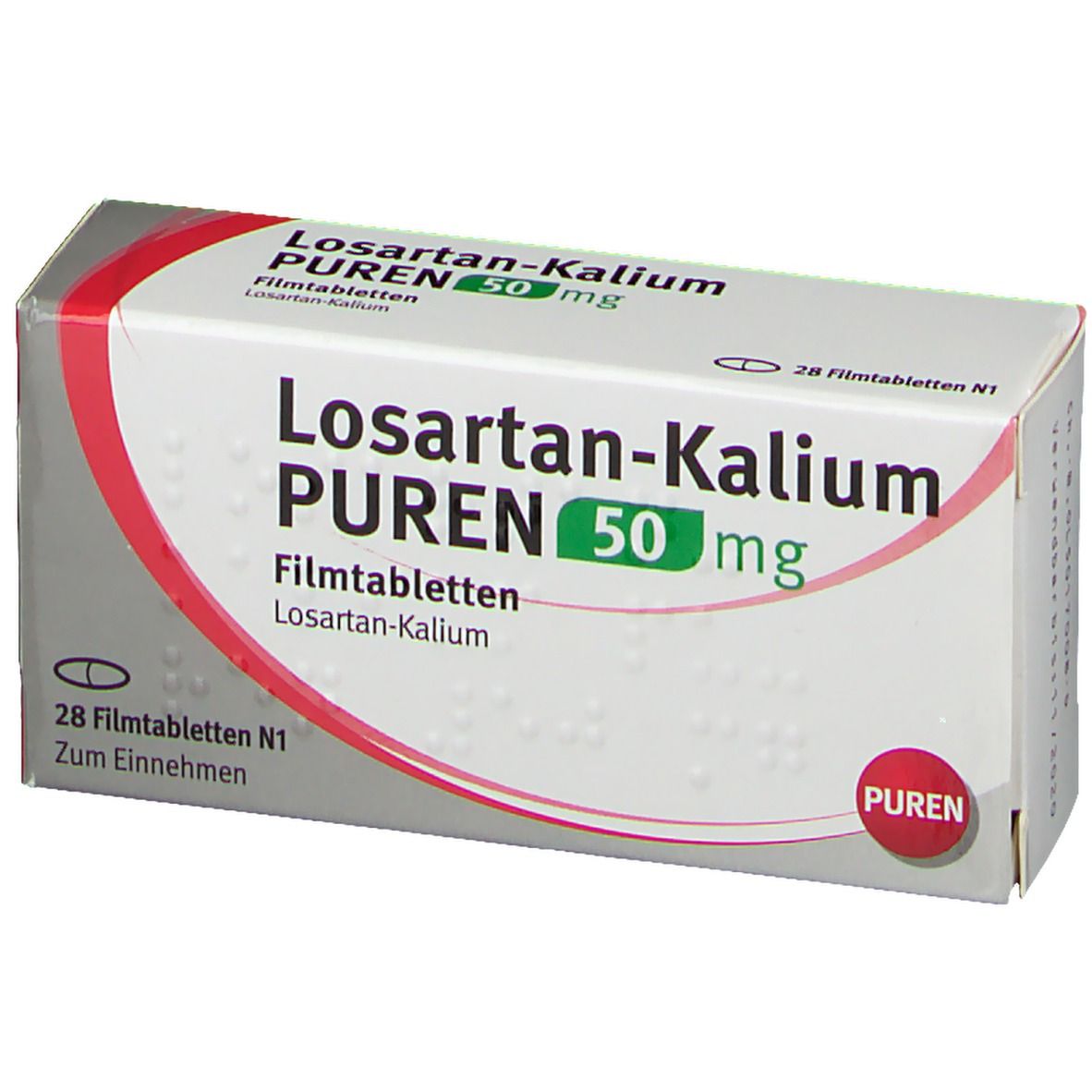 Schachtel Losartan-Kalium PUREN 50 mg Filmtabletten. Weiße Schachtel mit Text und PUREN-Logo. 28 Tabletten.
