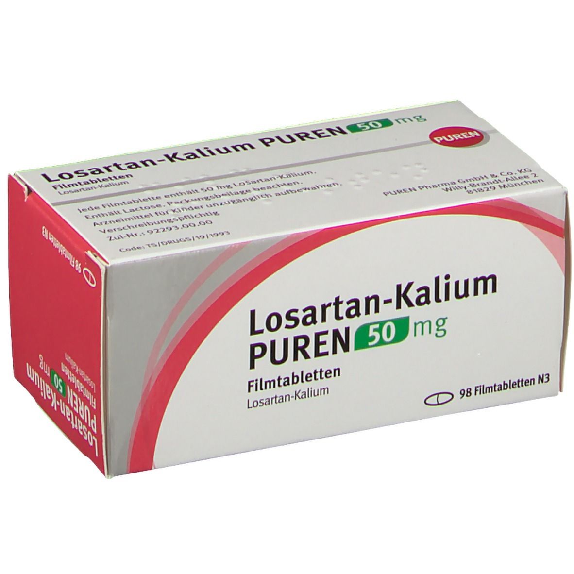 Schachtel mit LOSARTAN-Kalium PUREN 50 mg Filmtabletten. Aufschrift: 50 mg, 98 Filmtabletten. Rote und graue Farbgebung.