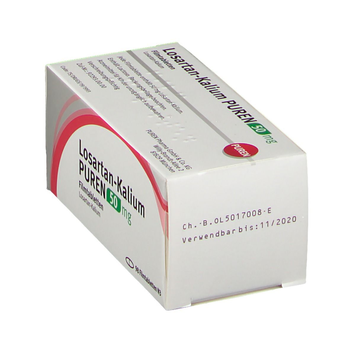 Schachtel LOSARTAN-Kalium PUREN 50 mg Filmtabletten. Aufschrift: 50 mg. Verwendbar bis 11/2020. Rote und graue Farbgebung.