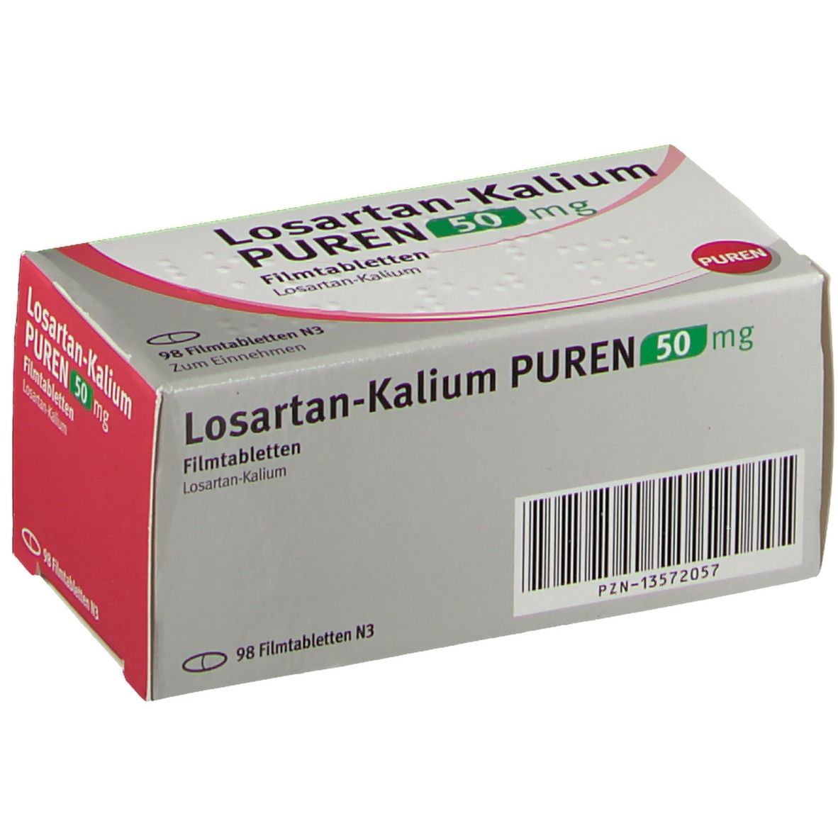Schachtel LOSARTAN-Kalium PUREN 50 mg Filmtabletten. Aufschrift: 50 mg, 98 Filmtabletten. Barcode. Rote und graue Farbgebung.