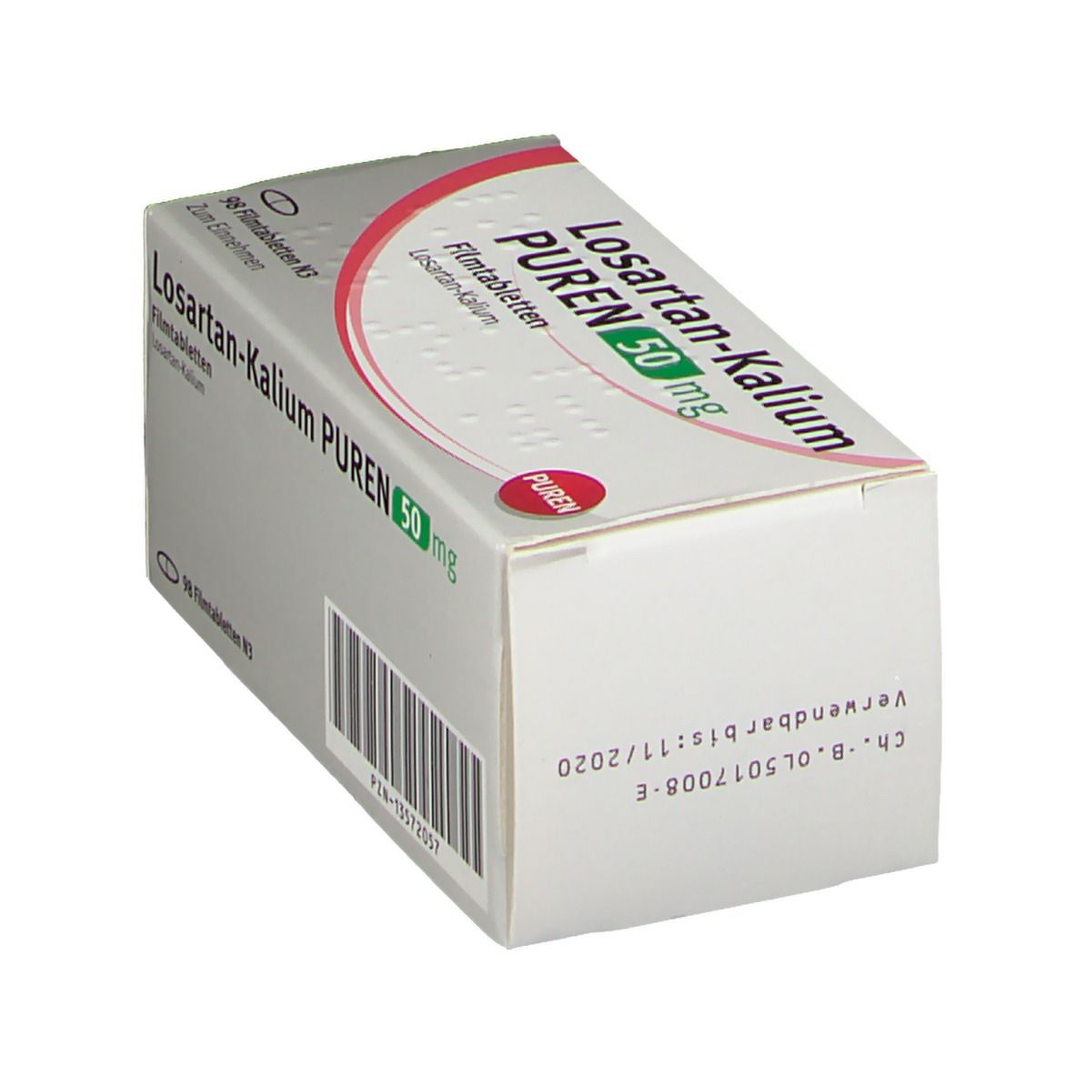 Schachtel LOSARTAN-Kalium PUREN 50 mg Filmtabletten. Aufschrift: 50 mg. Verwendbar bis 11/2020. Rote und graue Farbgebung.