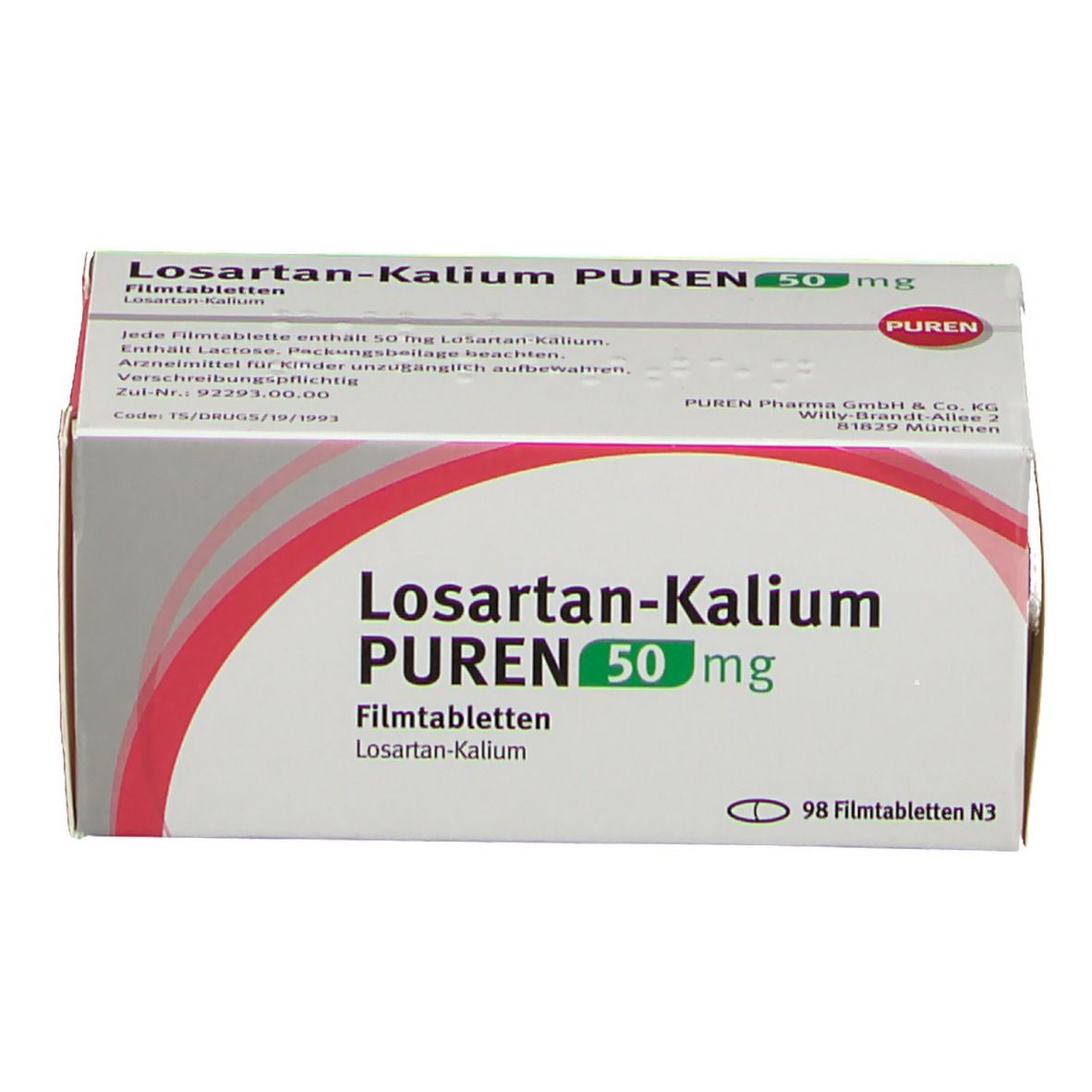Schachtel LOSARTAN-Kalium PUREN 50 mg Filmtabletten. Aufschrift: 50 mg, 98 Filmtabletten. Rote und graue Farbgebung.