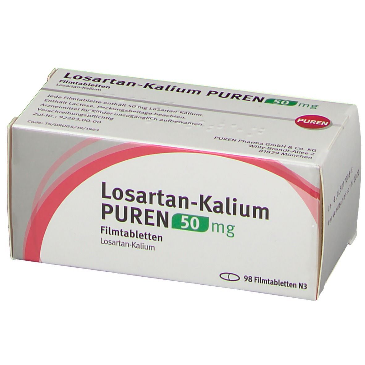 Schachtel LOSARTAN-Kalium PUREN 50 mg Filmtabletten. Aufschrift: 50 mg, 98 Filmtabletten. Rote und graue Farbgebung.