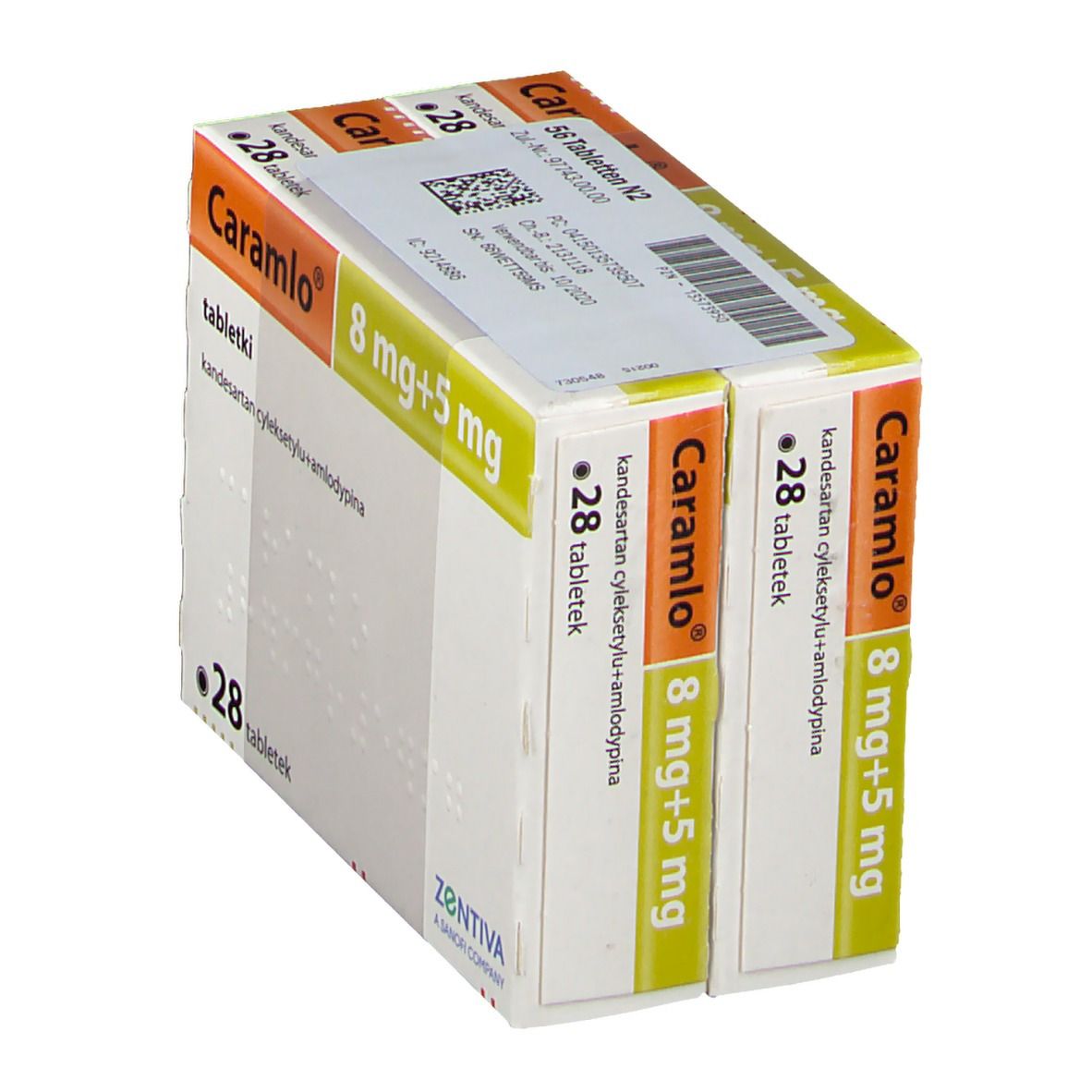 Zwei Packungen Cara mlo 8 mg+5 mg, 28 Tabletten. Aufdruck: ZENTIVA.