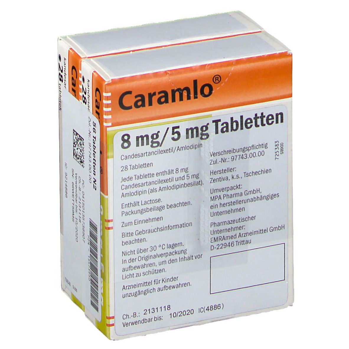 Zwei Packungen Cara mlo 8 mg/5 mg Tabletten. Aufdruck: ZENTIVA. 28 Tabletten.