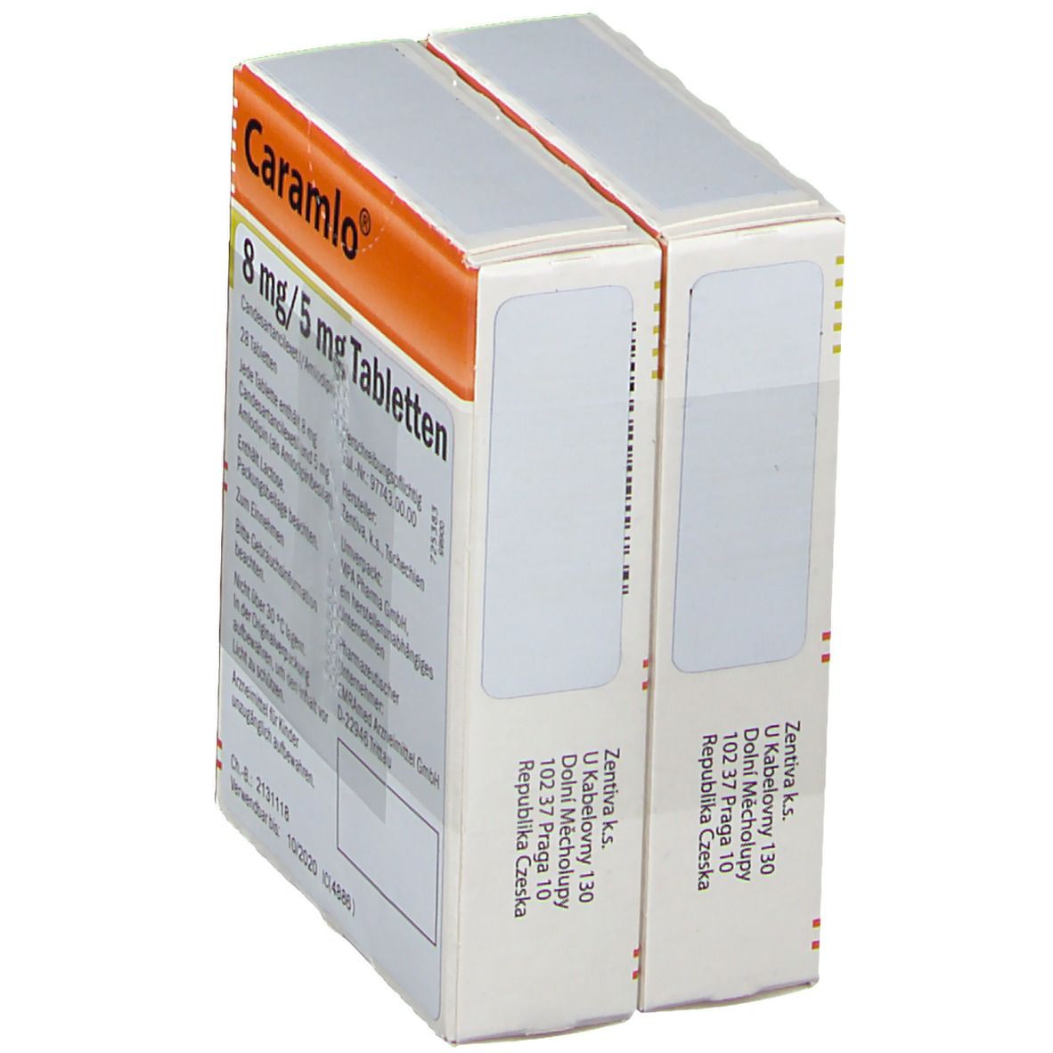 Zwei Packungen Cara mlo 8 mg/5 mg Tabletten. Aufdruck: ZENTIVA.
