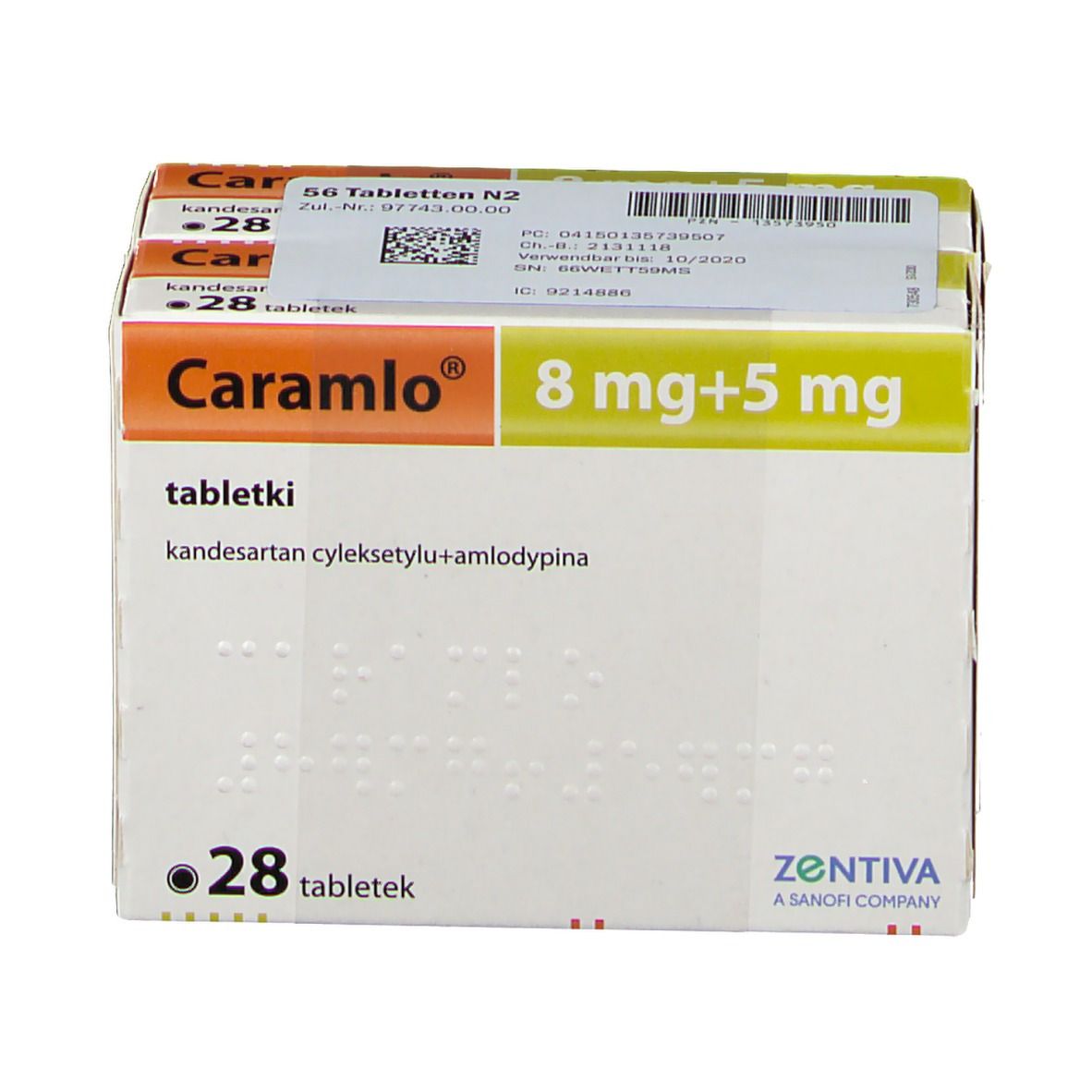 Packung Cara mlo 8 mg+5 mg, 28 Tabletten. Aufdruck: ZENTIVA. Braille-Schrift.