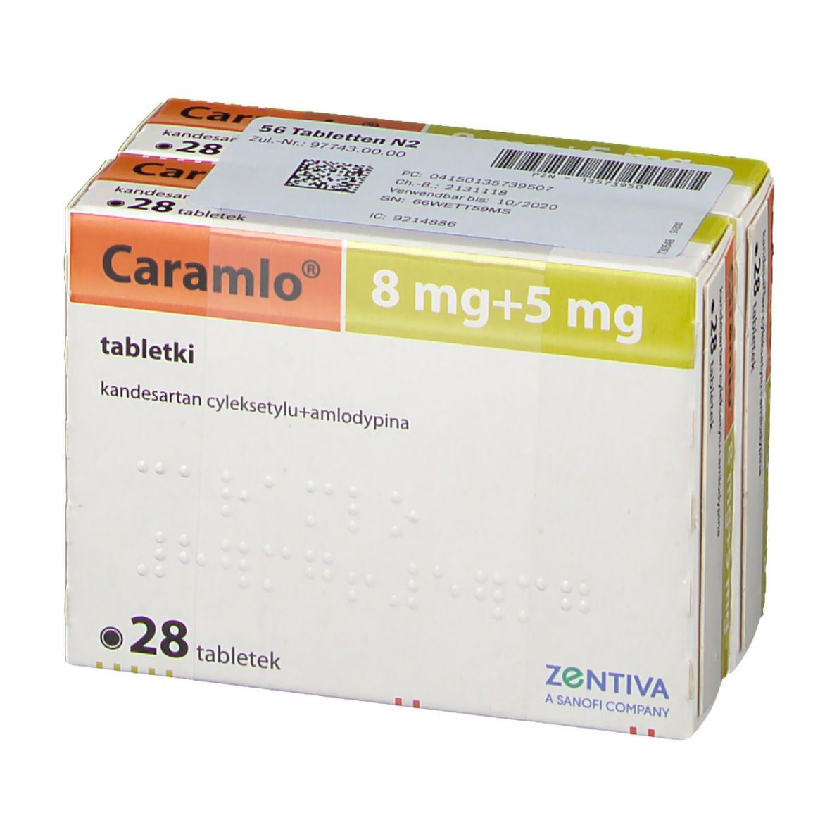 Packung Cara mlo 8 mg+5 mg, 28 Tabletten. Aufdruck: ZENTIVA. Braille-Schrift.