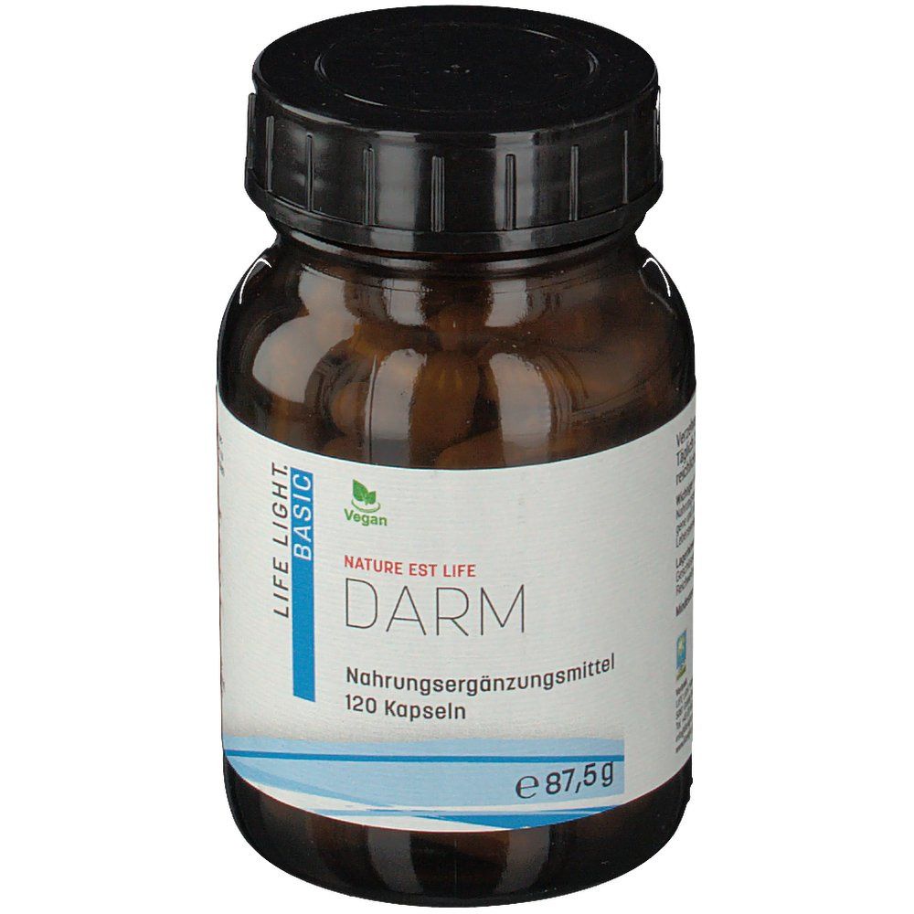 Braune Glasflasche mit schwarzen Deckel. Aufschrift: LIFE LIGHT BASIC, Darm, 120 Kapseln. Vegan-Siegel.