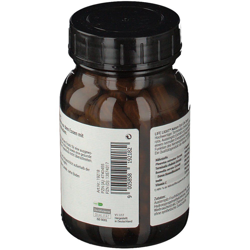 Braune Glasflasche mit schwarzen Deckel. Etikett mit Text und Barcode. Siegel: Zertifizierte Qualität.
