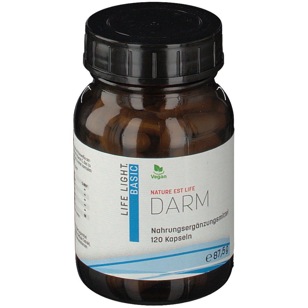 Braune Glasflasche mit schwarzen Deckel. Aufschrift: LIFE LIGHT BASIC, Darm, 120 Kapseln. Vegan-Siegel.