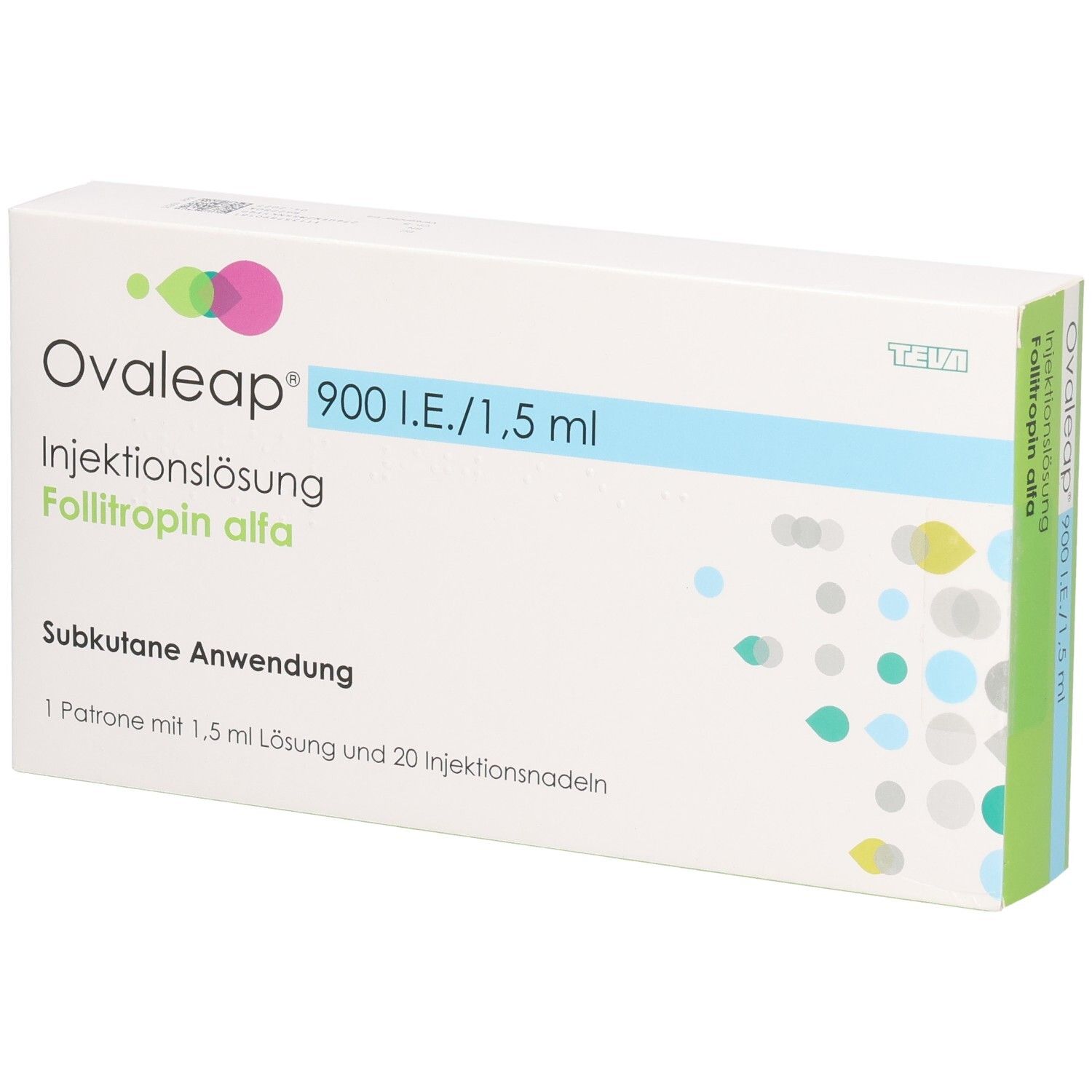 Ovaleap-Packung. Enthält Injektionslösung, 20 Nadeln. Aufschrift: 900 I.E./1,5 ml. Subkutane Anwendung.
