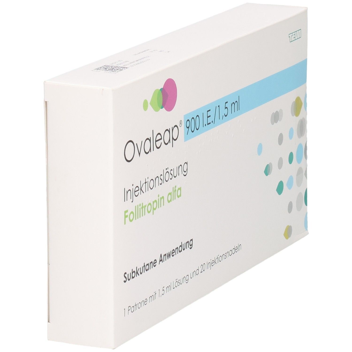 Ovaleap-Packung, schräg. Aufschrift: 900 I.E./1,5 ml. Enthält Injektionslösung und 20 Nadeln. Subkutane Anwendung.