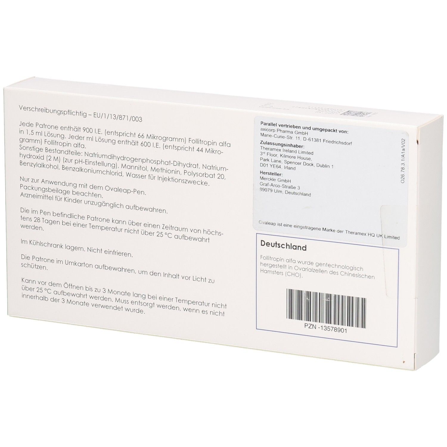 Rückseite der Ovaleap-Packung. Enthält Informationen zu Inhaltsstoffen, Hersteller und Lagerung.