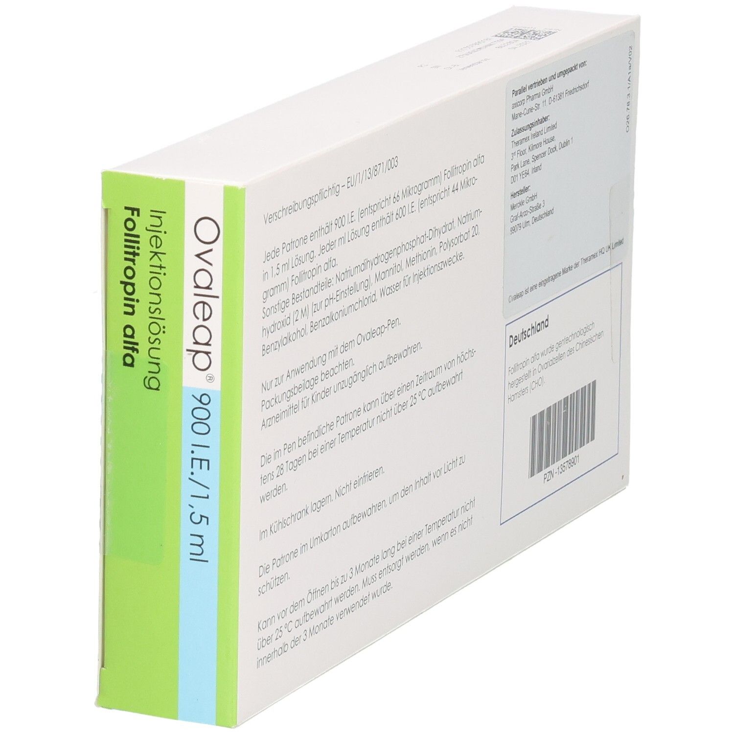 Ovaleap-Packung, schräg. Rückseite mit Informationen zu Inhaltsstoffen, Hersteller und Lagerung.