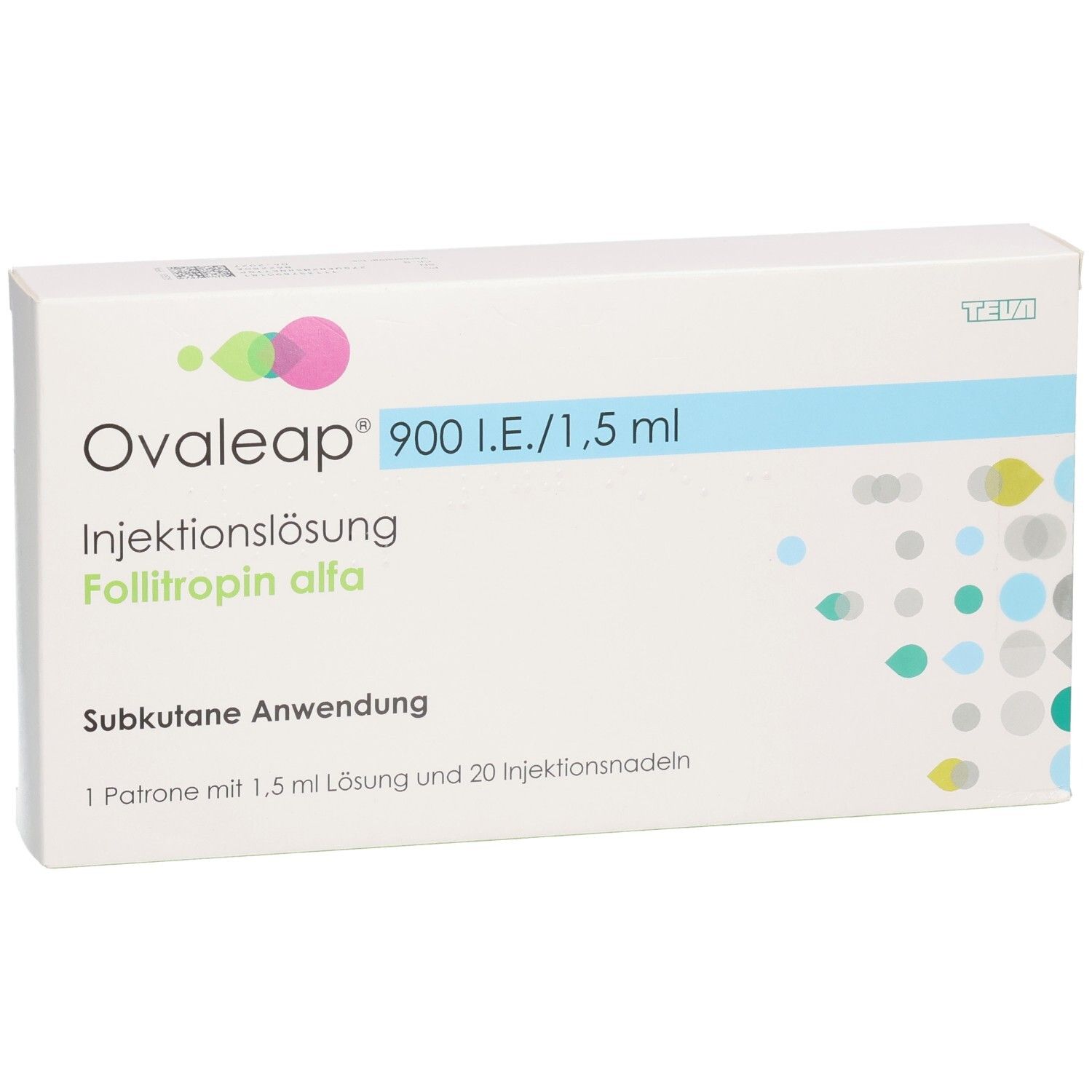 Ovaleap-Packung. Enthält Injektionslösung, 20 Nadeln. Aufschrift: 900 I.E./1,5 ml. Subkutane Anwendung.