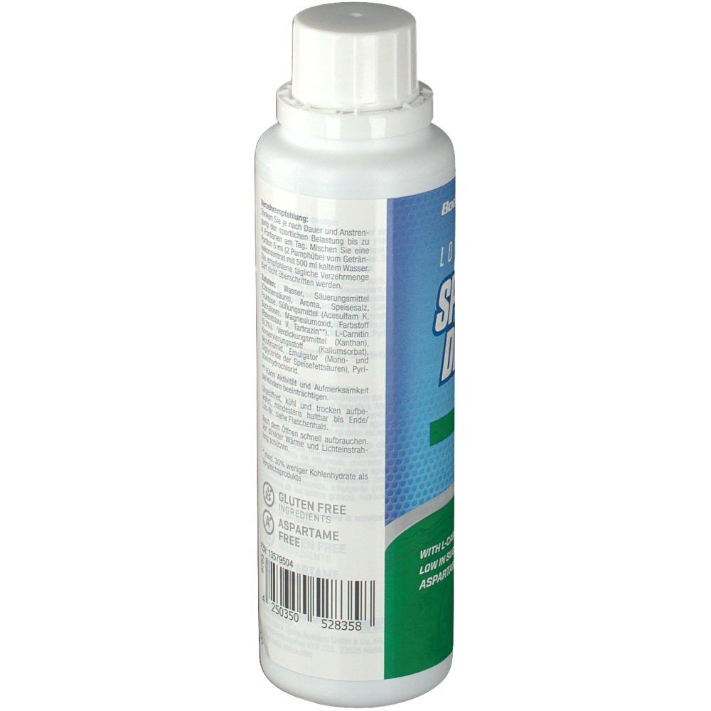 Rückseite der weißen Flasche. Enthält Nährwertangaben und Zutatenliste. 250ml. Glutenfrei und Aspartamfrei.