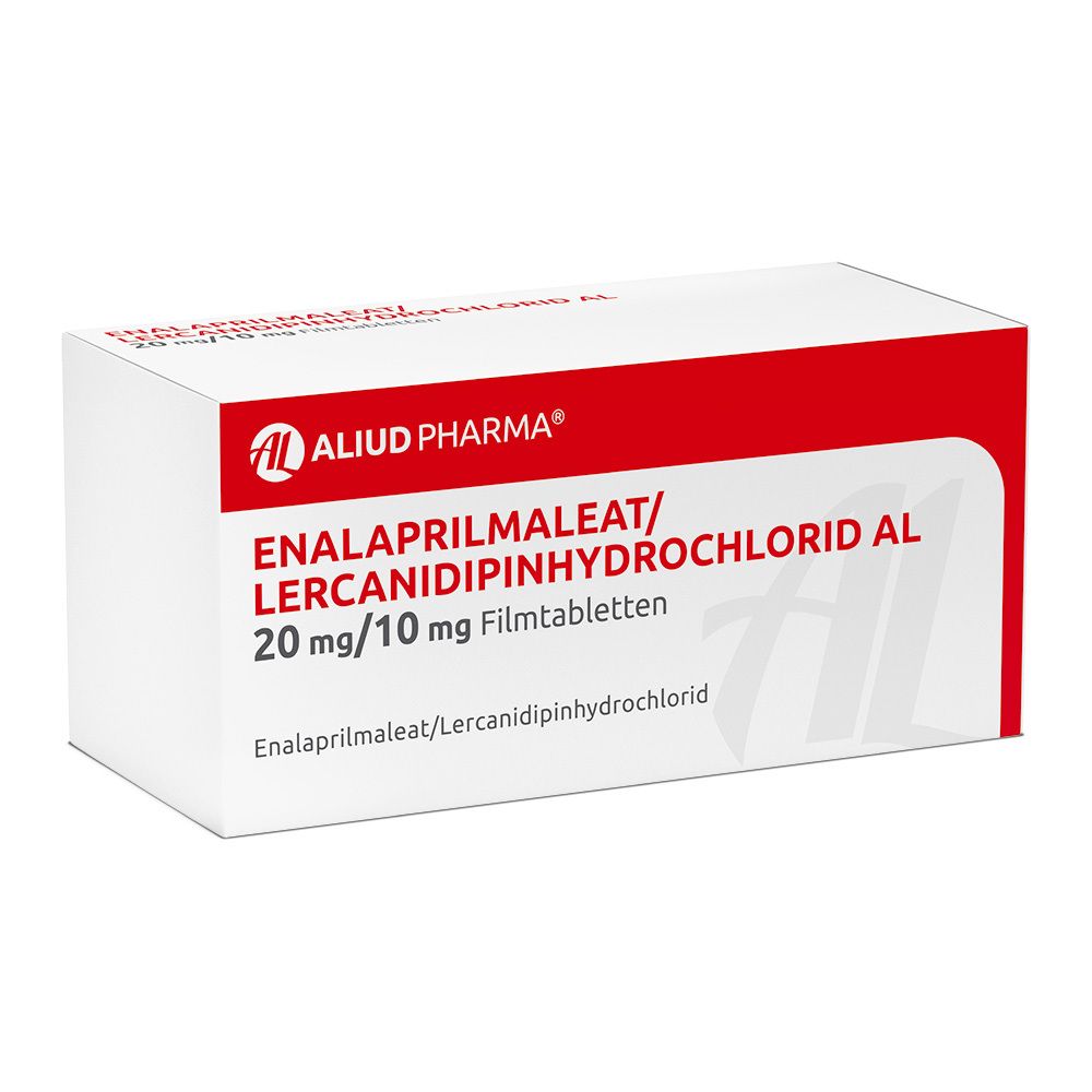 Weiße Schachtel mit rotem Streifen. Aufschrift: ALIUD PHARMA, ENALAPRILMALEAT/LERCANIDIPINHYDROCHLORID AL, 20 mg/10 mg Filmtabletten.