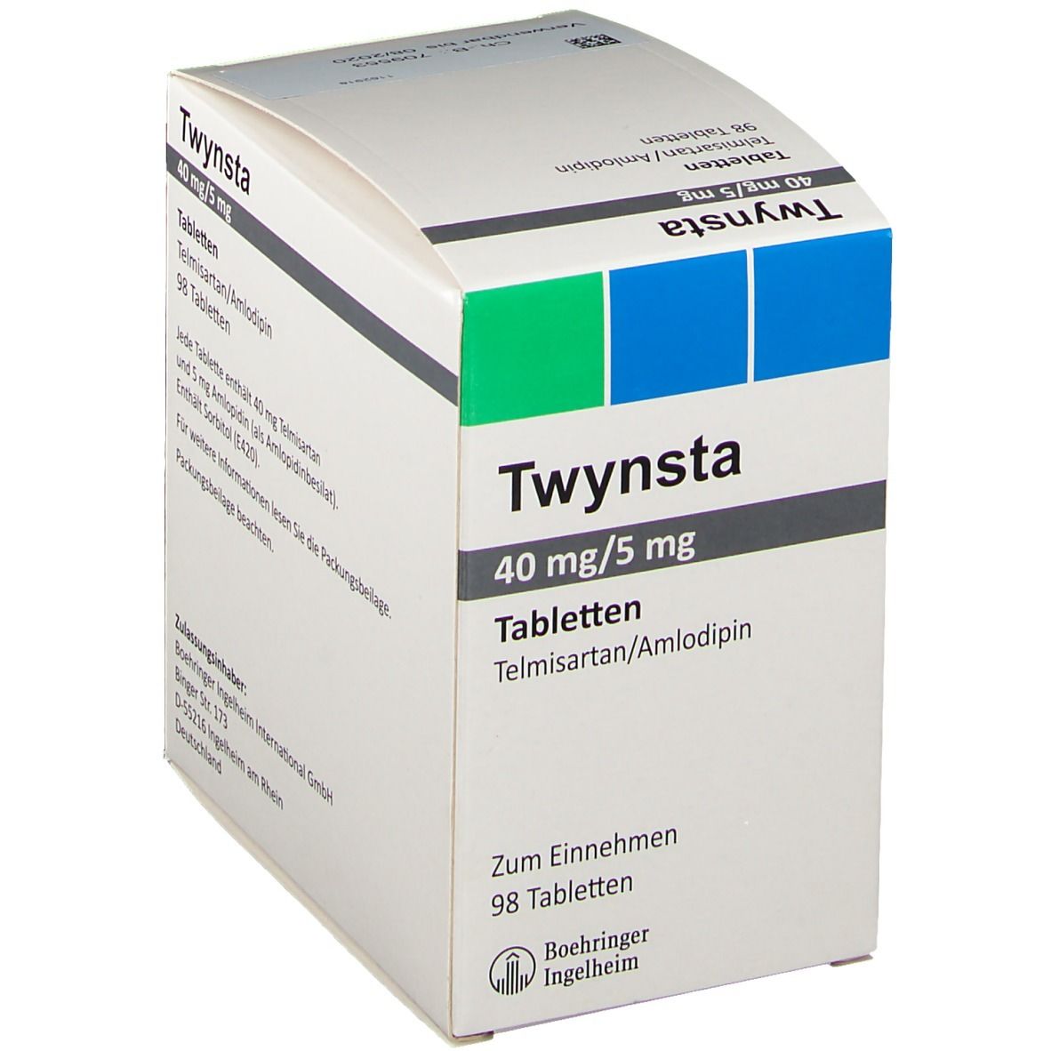 Twynsta-Verpackung. Aufschrift: 40 mg/5 mg Tabletten, 98 Tabletten. Boehringer Ingelheim Logo.
