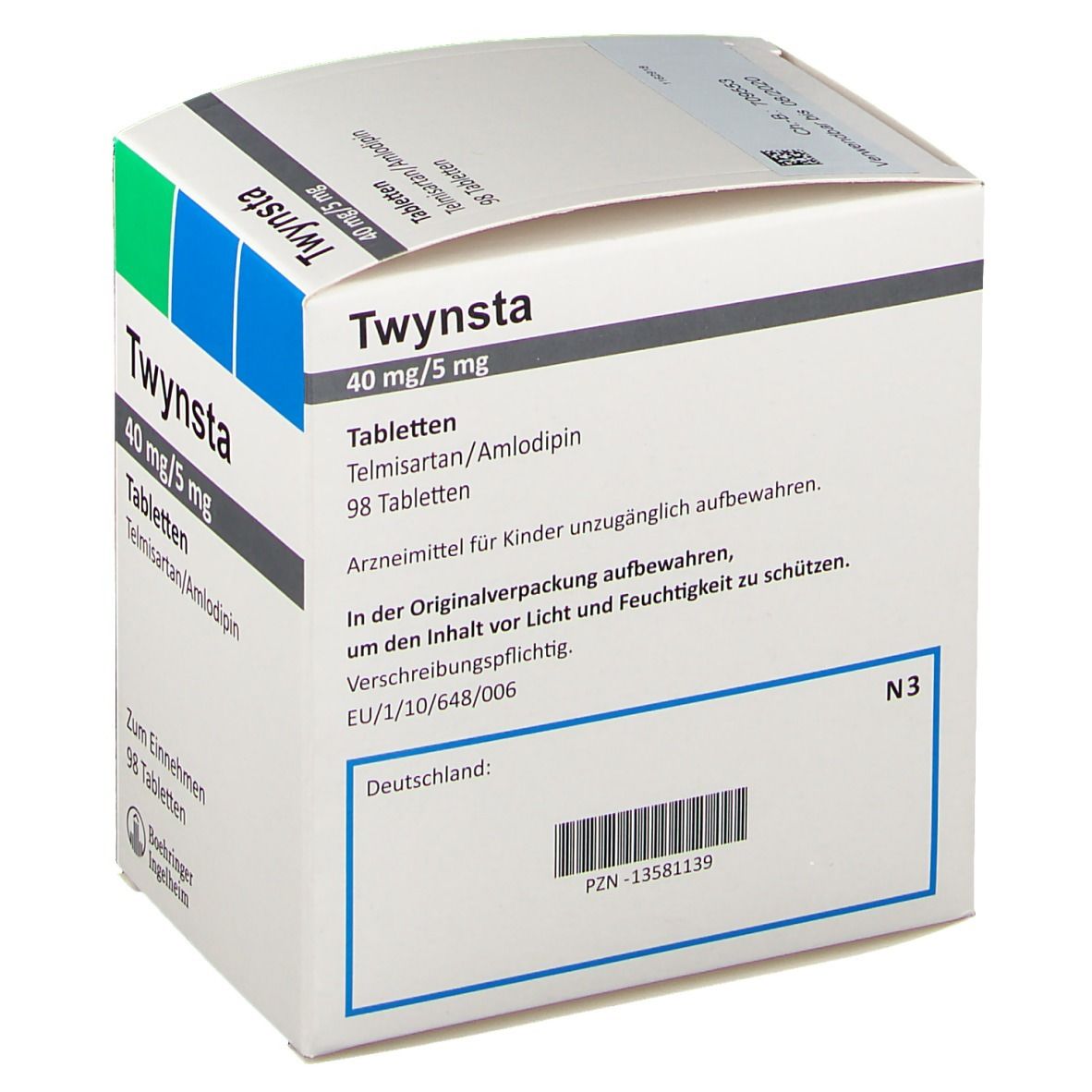 Twynsta-Verpackung. Aufschrift: 40 mg/5 mg Tabletten, 98 Tabletten. Barcode und Text. Logo Boehringer Ingelheim.