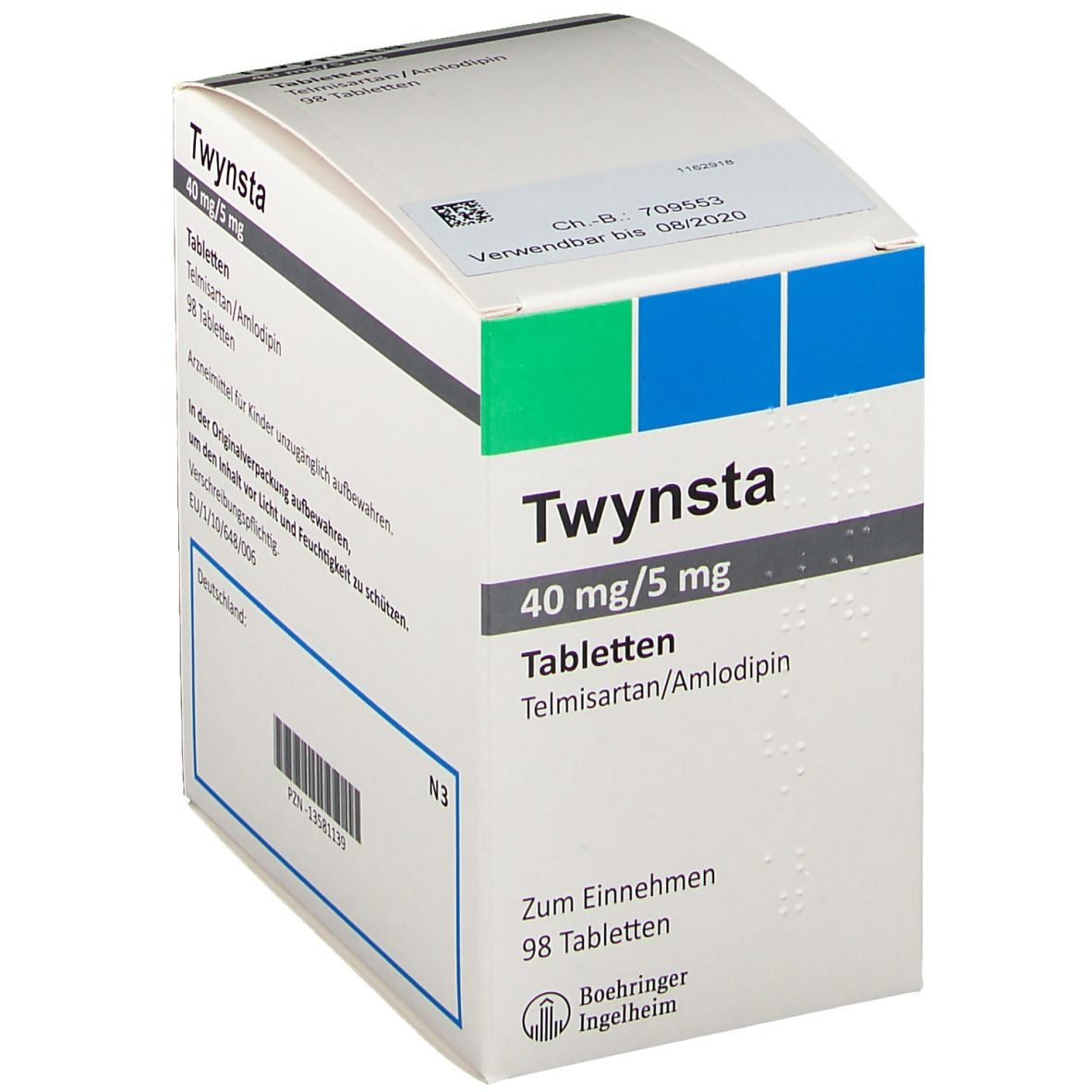 Twynsta-Verpackung. Aufschrift: 40 mg/5 mg Tabletten, 98 Tabletten. Text und Barcode. Logo Boehringer Ingelheim.