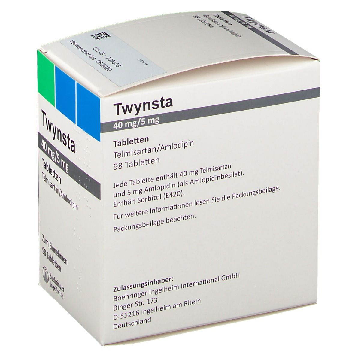 Twynsta-Verpackung. Aufschrift: 40 mg/5 mg Tabletten, 98 Tabletten. Text. Logo Boehringer Ingelheim.