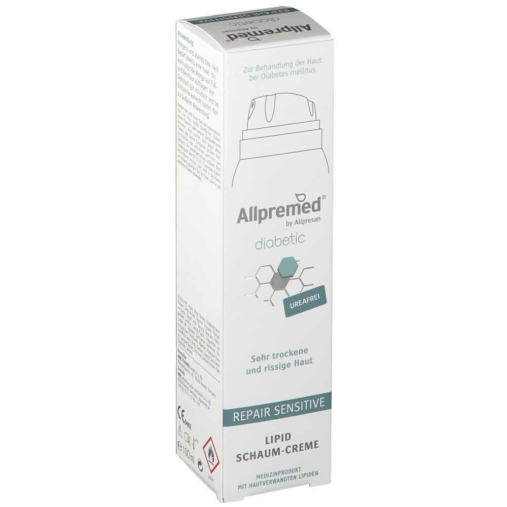 Weiße Faltschachtel mit Produktabbildung und Schriftzug Allpremed diabetic. Aufschrift: REPAIR SENSITIVE Lipid Schaum-Creme. UREA-frei.