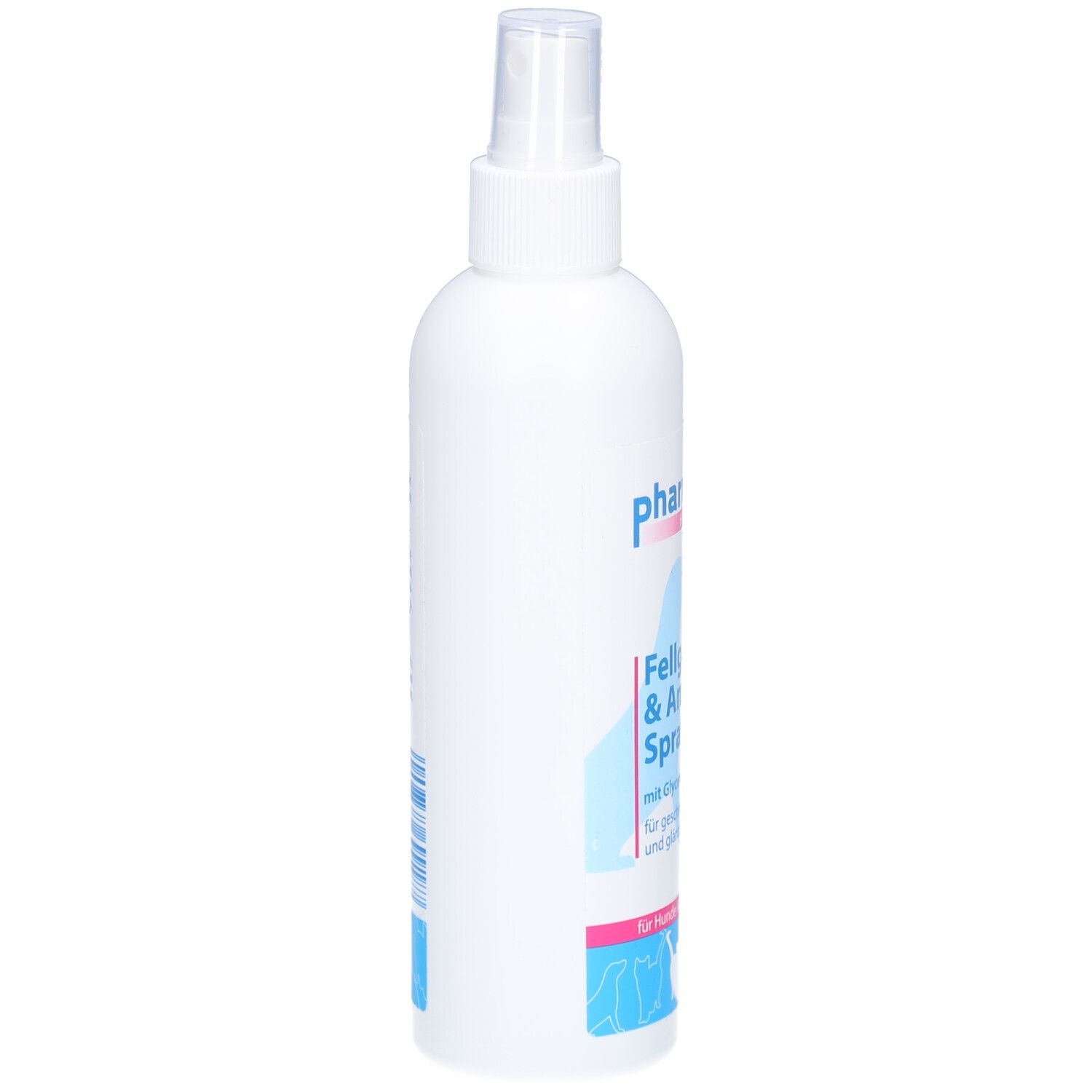 Weiße Sprühflasche, Seitenansicht. Etikett mit Text: Fellglanz & Antifilz Spray. Für Hunde & Katzen.