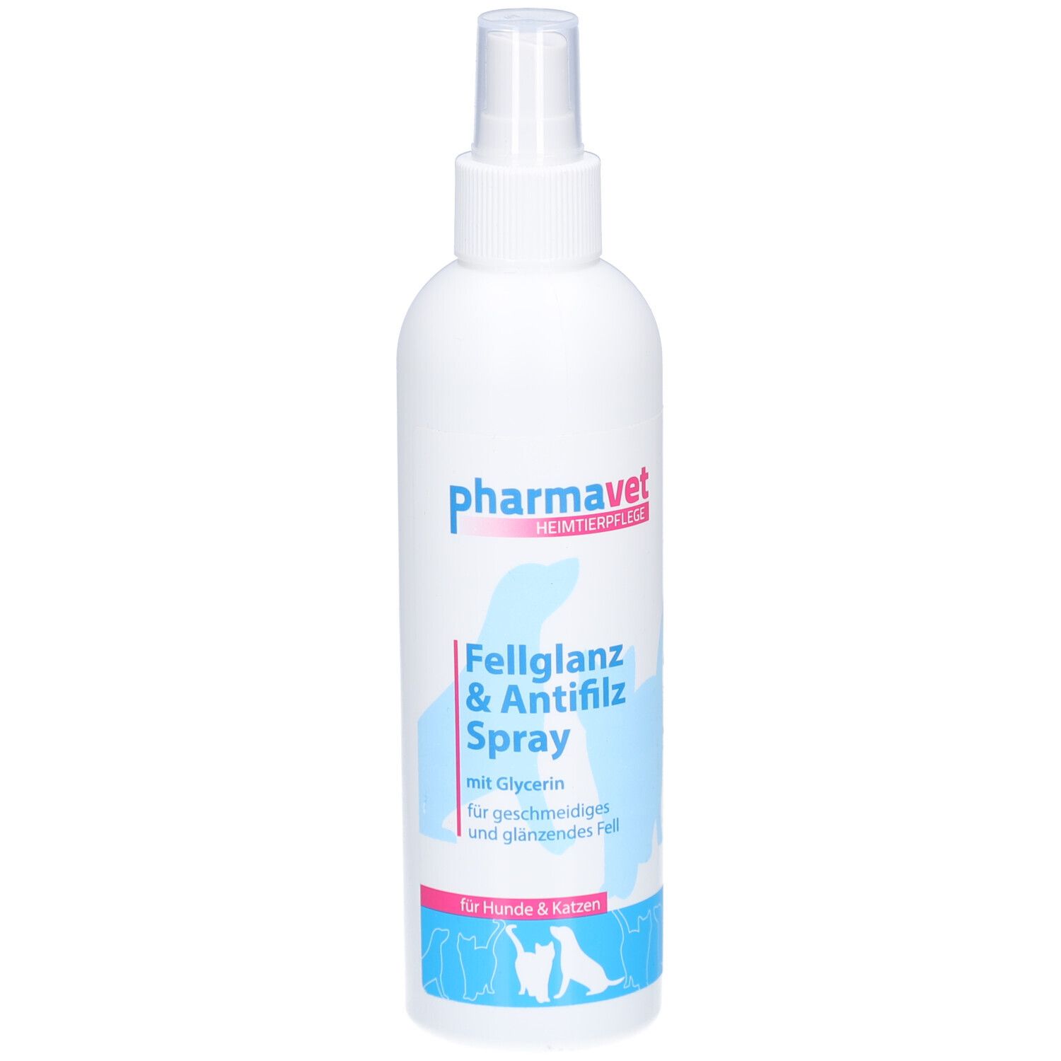 Weiße Sprühflasche mit blauem Etikett. Text: pharmavet, Fellglanz & Antifilz Spray. Für Hunde & Katzen.