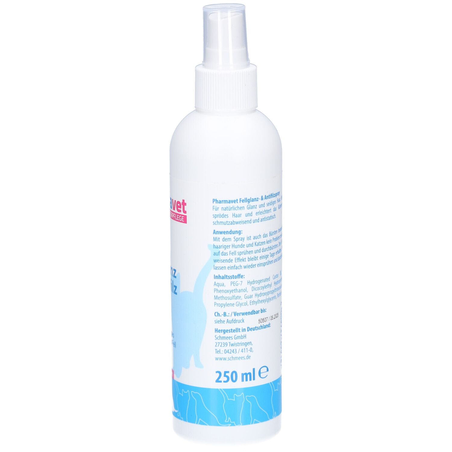 Weiße Sprühflasche, Rückseite. Text: Fellglanz & Antifilz Spray. Inhaltsstoffe, Anwendungshinweise, Volumen: 250 ml.