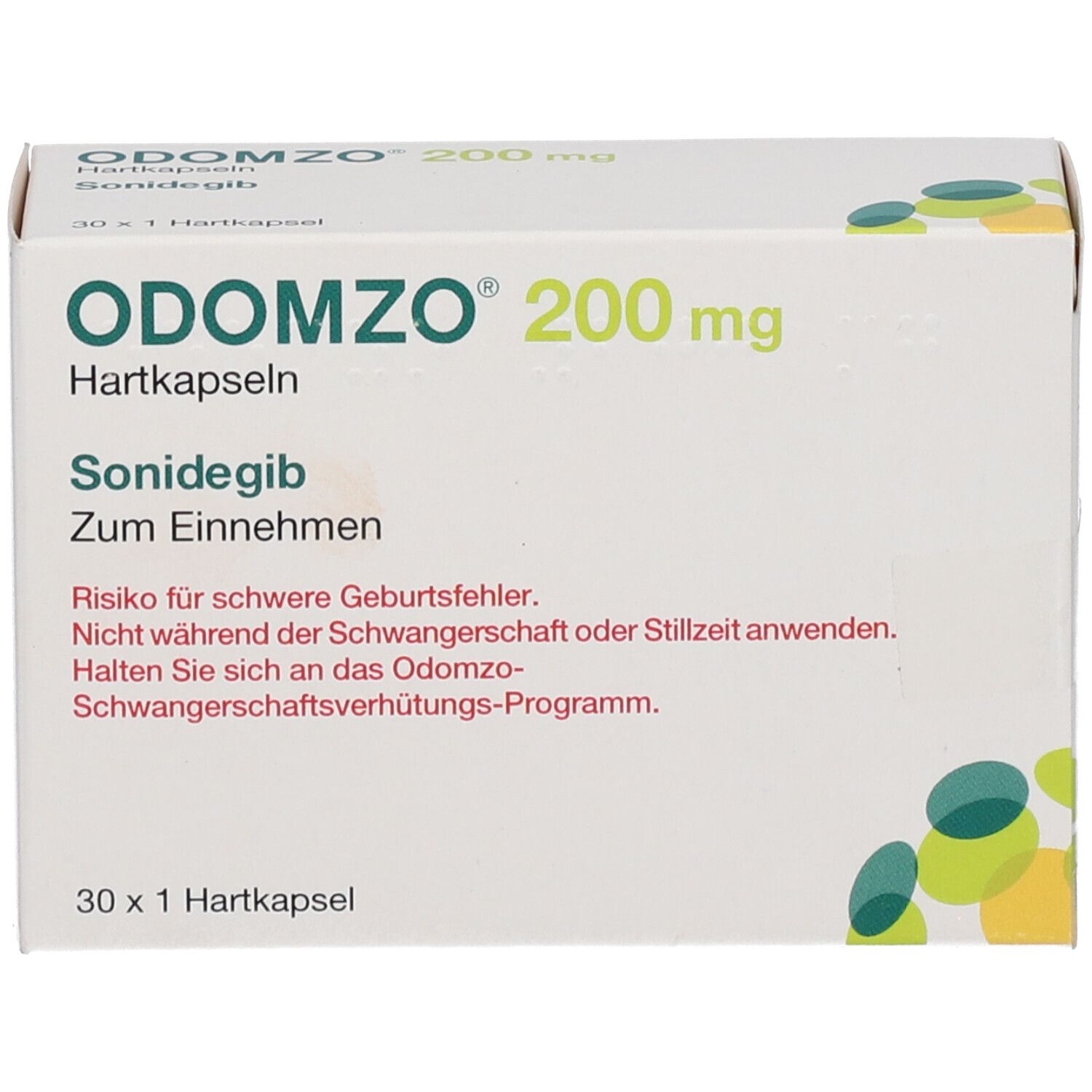 Odomzo 200 mg Hartkapseln-Packung. Enthält Sonidegib. Text in Deutsch. 30 x 1 Hartkapsel. Weiße Schachtel mit grünen Akzenten.