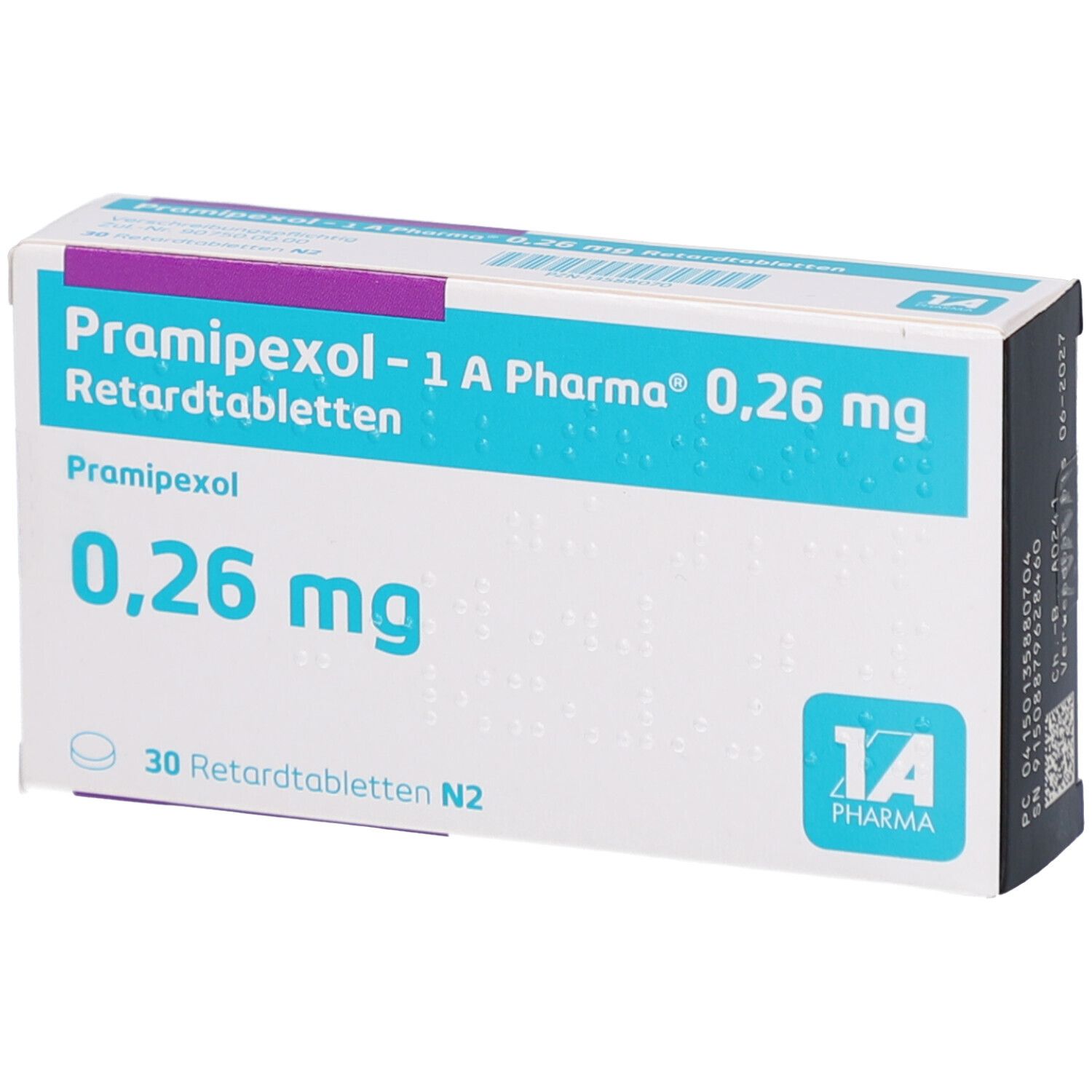 Schachtel mit PRAMIPEXOL 1A PHARMA 0,26 mg Retardtabletten. Aufschrift: PRAMIPEXOL, 0,26 mg, 30 Retardtabletten N2. Logo 1A Pharma.