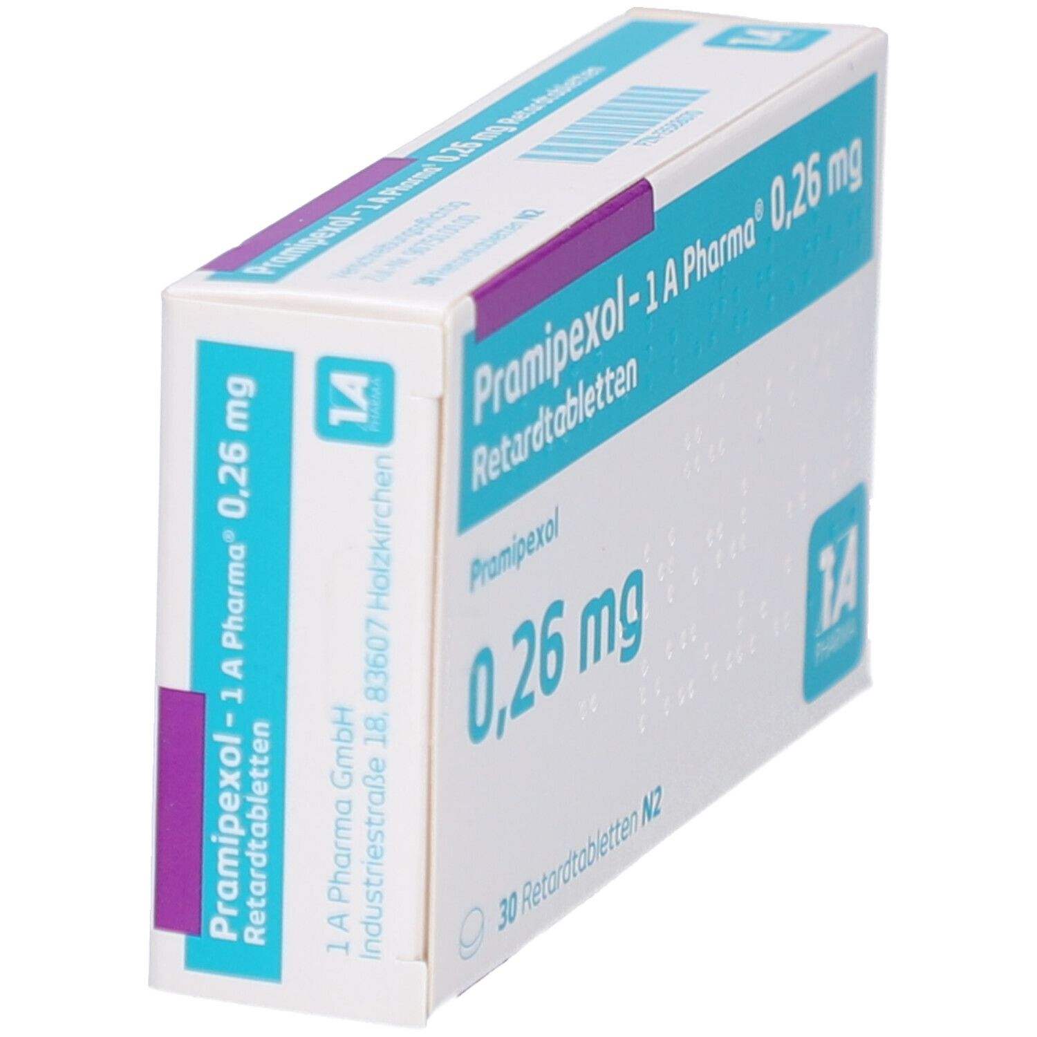 Schachtel PRAMIPEXOL 1A PHARMA 0,26 mg Retardtabletten. Aufschrift: PRAMIPEXOL, 0,26 mg, 30 Retardtabletten N2. Logo 1A Pharma. Ansicht schräg.