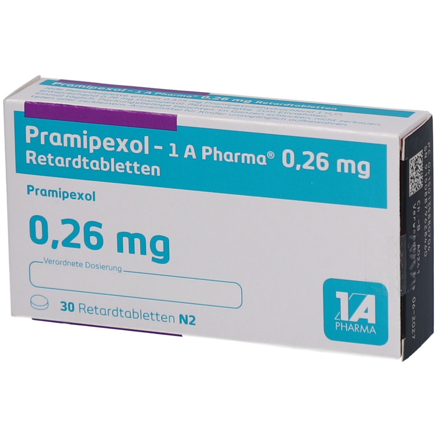 Schachtel mit PRAMIPEXOL 1A PHARMA 0,26 mg Retardtabletten. Aufschrift: PRAMIPEXOL, 0,26 mg, 30 Retardtabletten N2. Logo 1A Pharma.