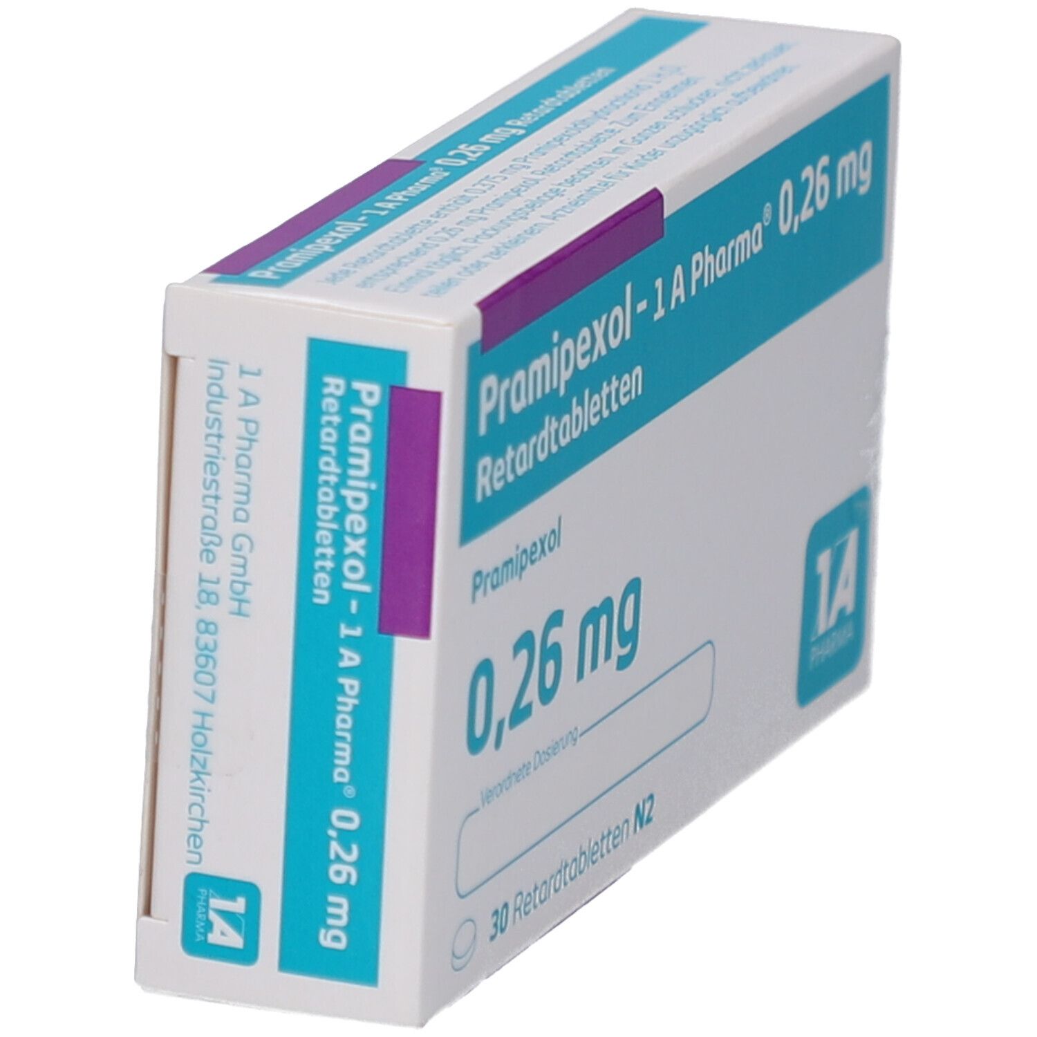 Schachtel PRAMIPEXOL 1A PHARMA 0,26 mg Retardtabletten. Aufschrift: PRAMIPEXOL, 0,26 mg, 30 Retardtabletten N2. Logo 1A Pharma. Ansicht schräg.