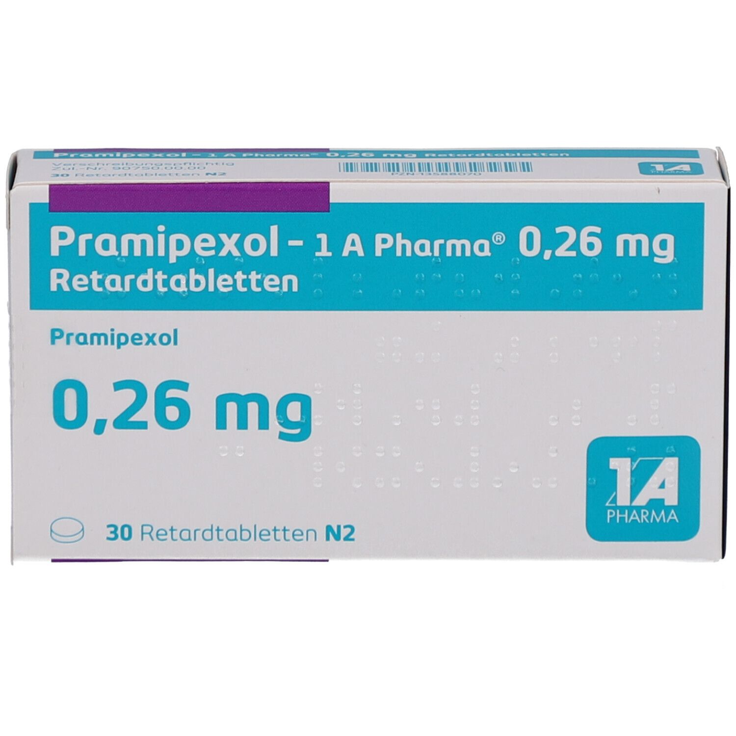 Schachtel mit PRAMIPEXOL 1A PHARMA 0,26 mg Retardtabletten. Aufschrift: PRAMIPEXOL, 0,26 mg, 30 Retardtabletten N2. Logo 1A Pharma.