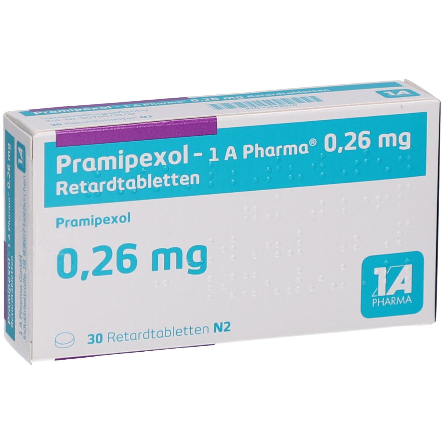 Schachtel mit PRAMIPEXOL 1A PHARMA 0,26 mg Retardtabletten. Aufschrift: PRAMIPEXOL, 0,26 mg, 30 Retardtabletten N2. Logo 1A Pharma.