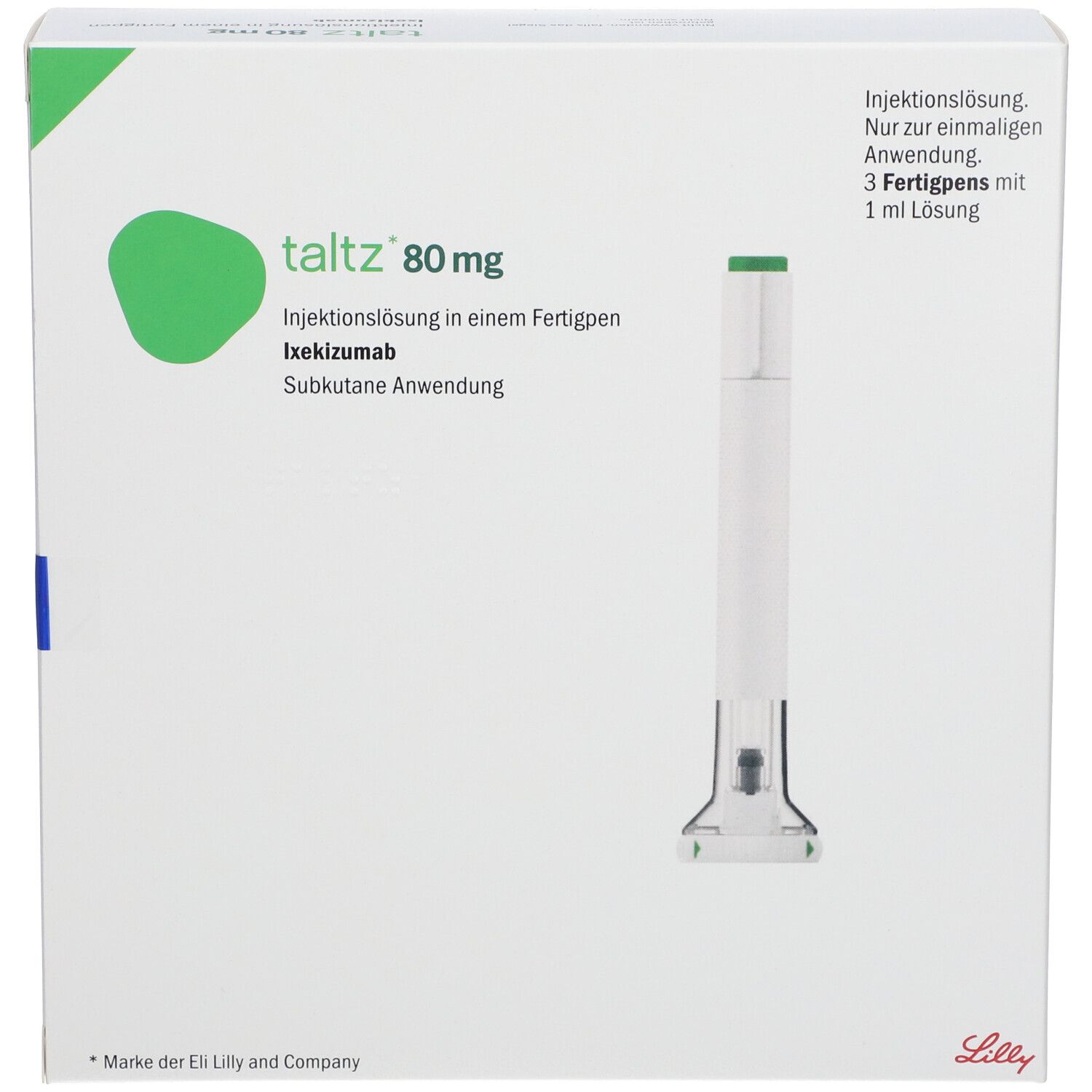 Taltz 80 mg Injektionslösung in einem Fertigpen. Packung zeigt einen Fertigpen und Produktinformationen.