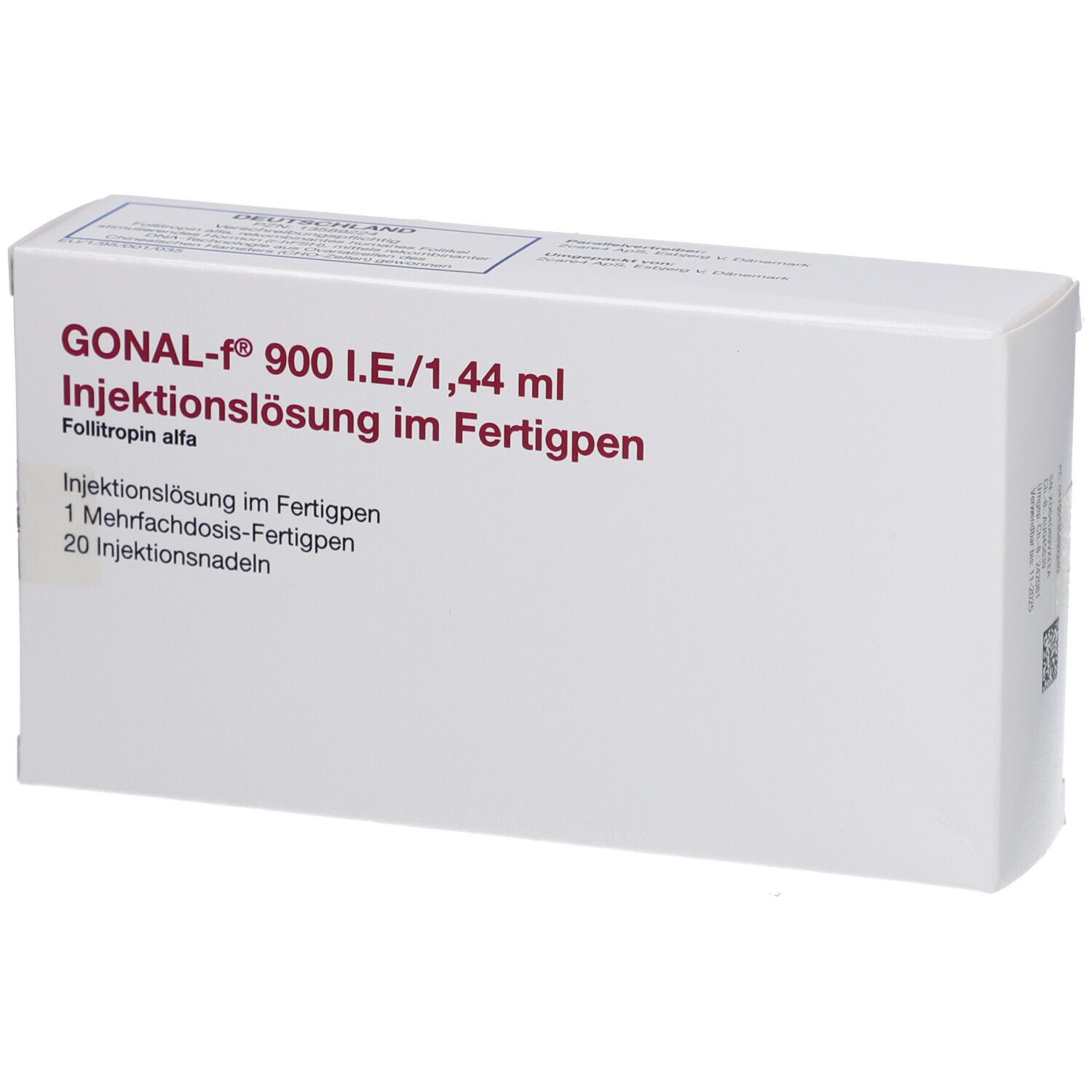 Weiße Schachtel mit Aufschrift GONAL-f 900 I.E./1,44 ml. Injektionslösung im Fertigpen. Enthält 1 Mehrfachdosis-Fertigpen und 20 Injektionsnadeln.
