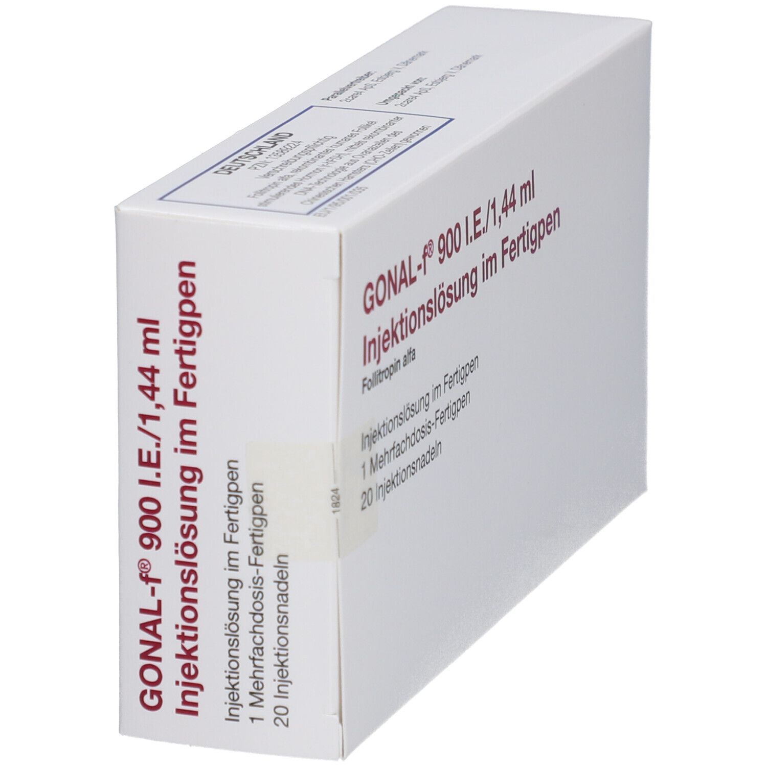 Weiße Schachtel mit Aufschrift GONAL-f 900 I.E./1,44 ml. Injektionslösung im Fertigpen. Seitenansicht.