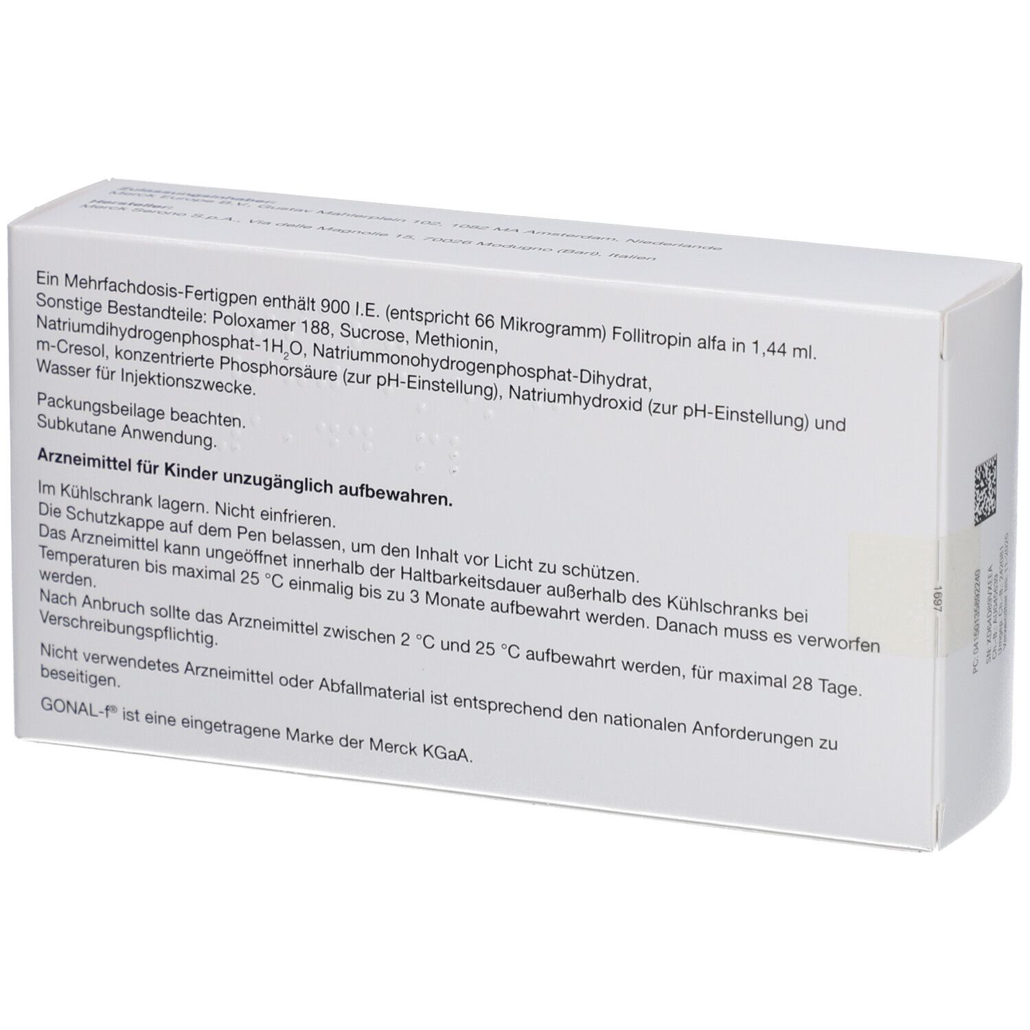 Weiße Schachtel mit Text. Enthält Informationen zu Inhaltsstoffen, Anwendung, und Lagerung von GONAL-f 900 I.E./1,44 ml.