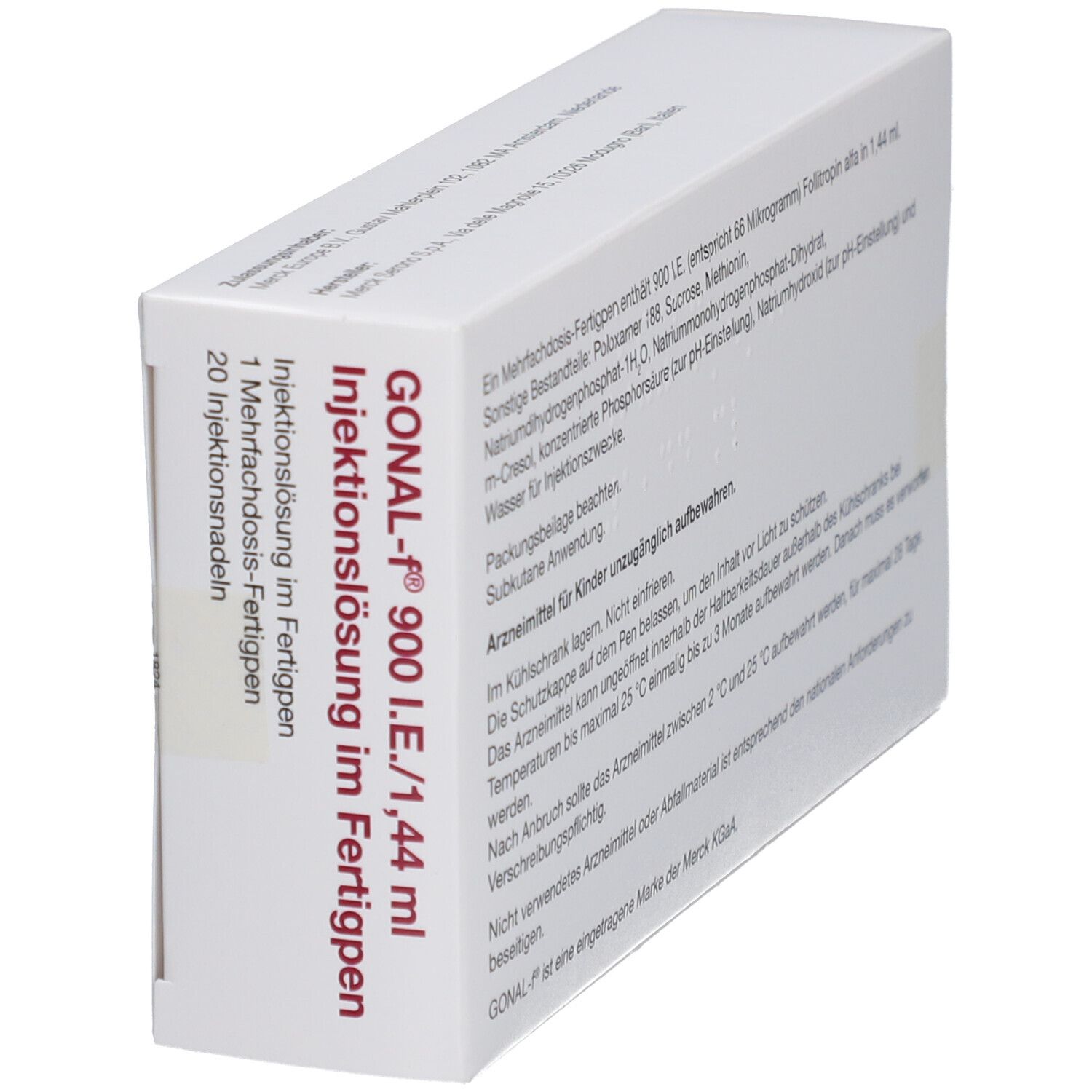Weiße Schachtel mit Aufschrift GONAL-f 900 I.E./1,44 ml. Injektionslösung im Fertigpen. Seitenansicht mit Text.