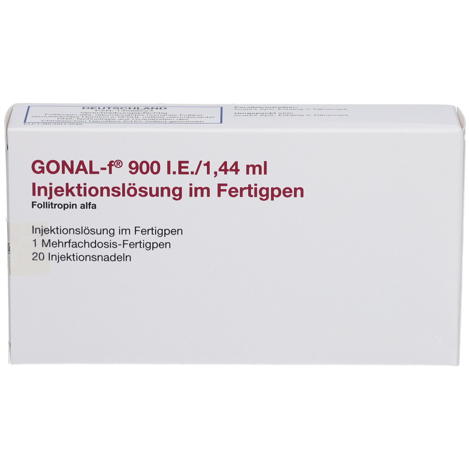 Weiße Schachtel mit Aufschrift GONAL-f 900 I.E./1,44 ml. Injektionslösung im Fertigpen. Enthält 1 Mehrfachdosis-Fertigpen und 20 Injektionsnadeln.